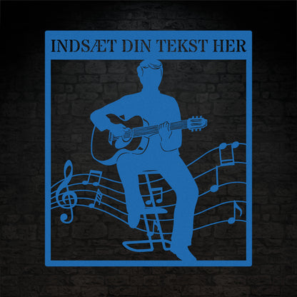 Personlig guitarist vægdekoration metalskilt i blå med tekst. Unik musikelsker navneskilt gaveidé