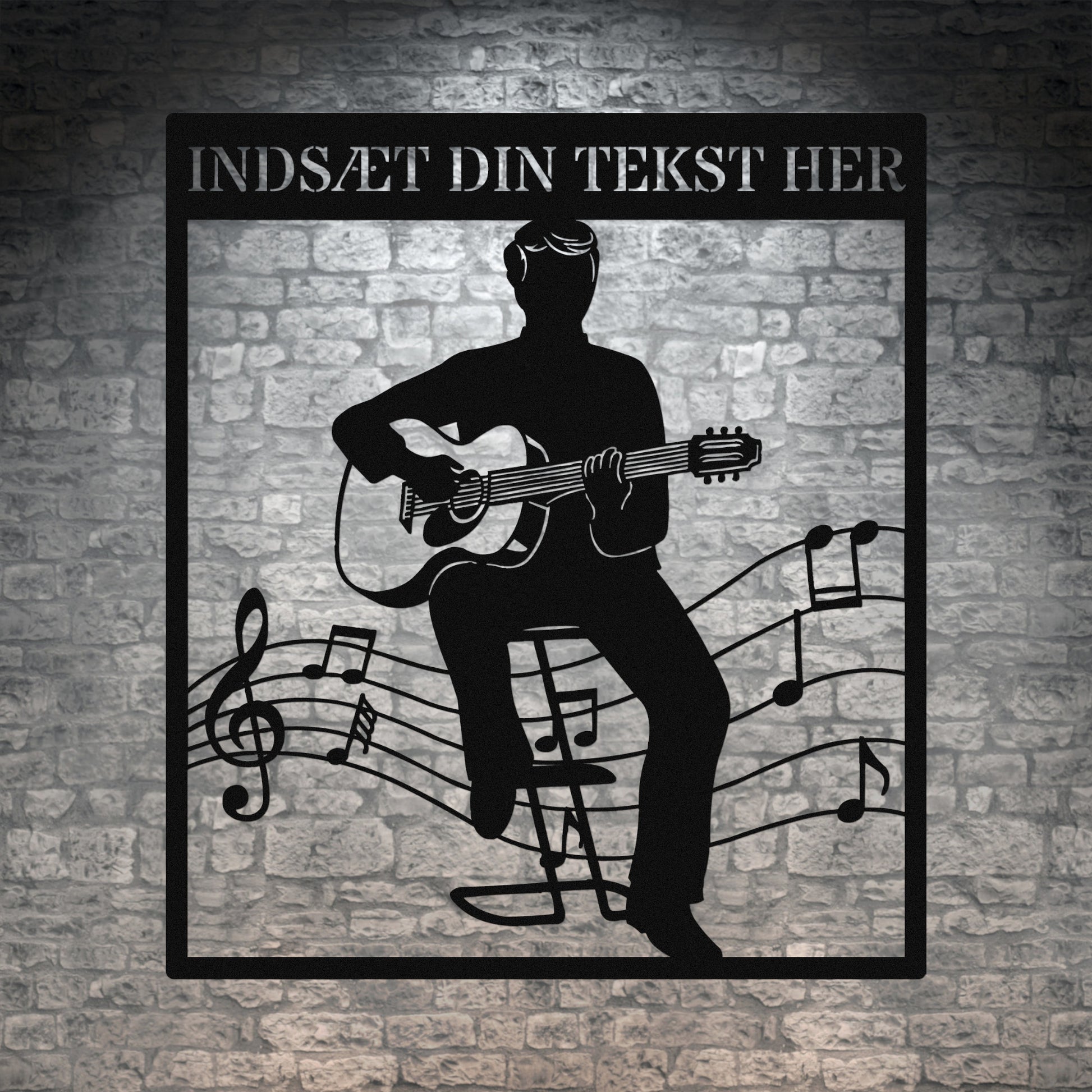 Personlig guitarist vægdekoration metalskilt i sort med tekst. Unik musikelsker navneskilt gaveidé
