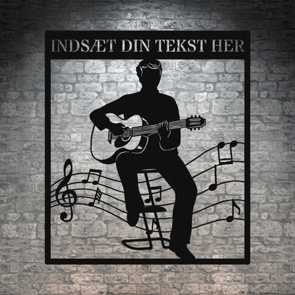 Personlig guitarist vægdekoration metalskilt i sort med tekst. Unik musikelsker navneskilt gaveidé