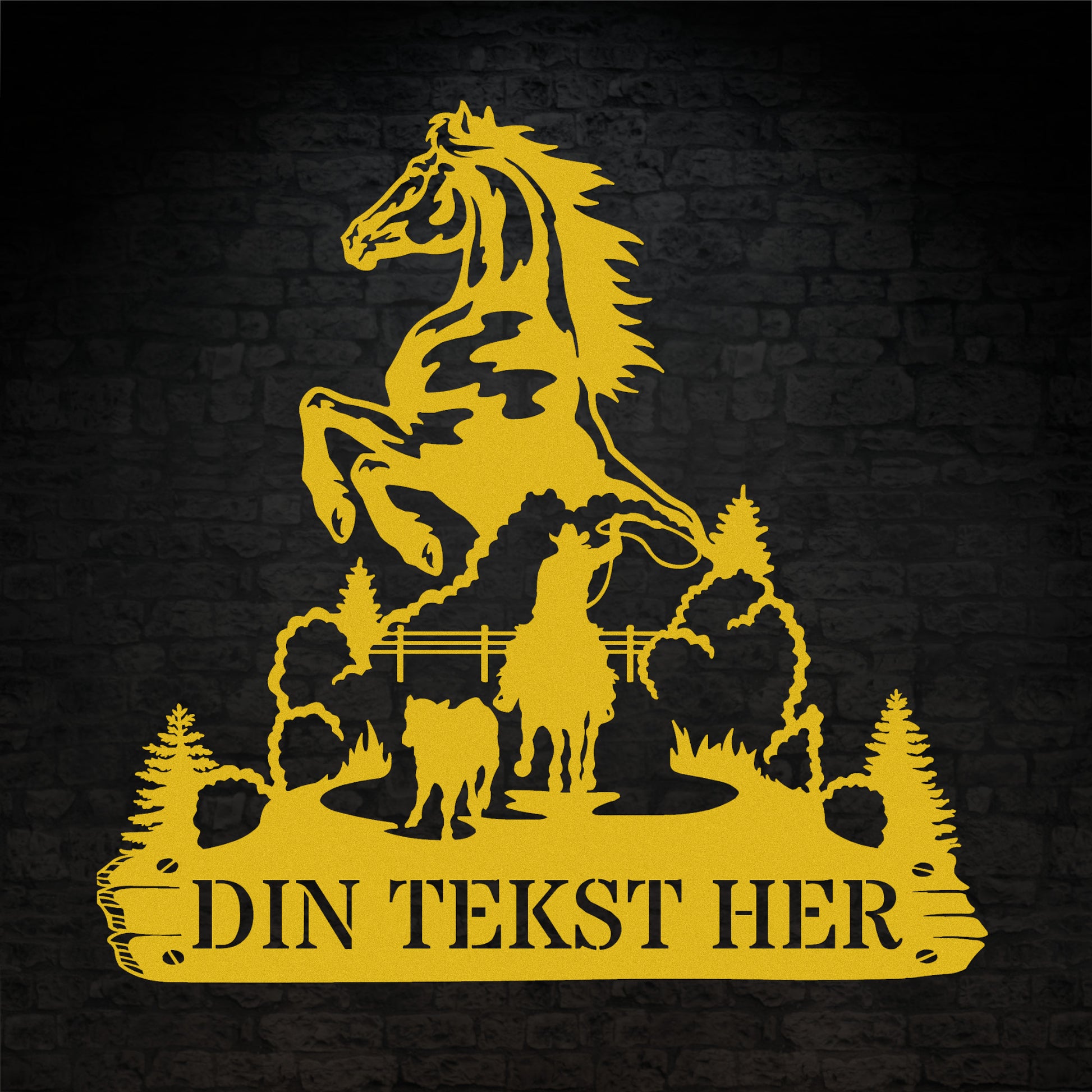 Personlig hest og cowboy metal vægskilt i gul med tekst. Unik display til hestestalden