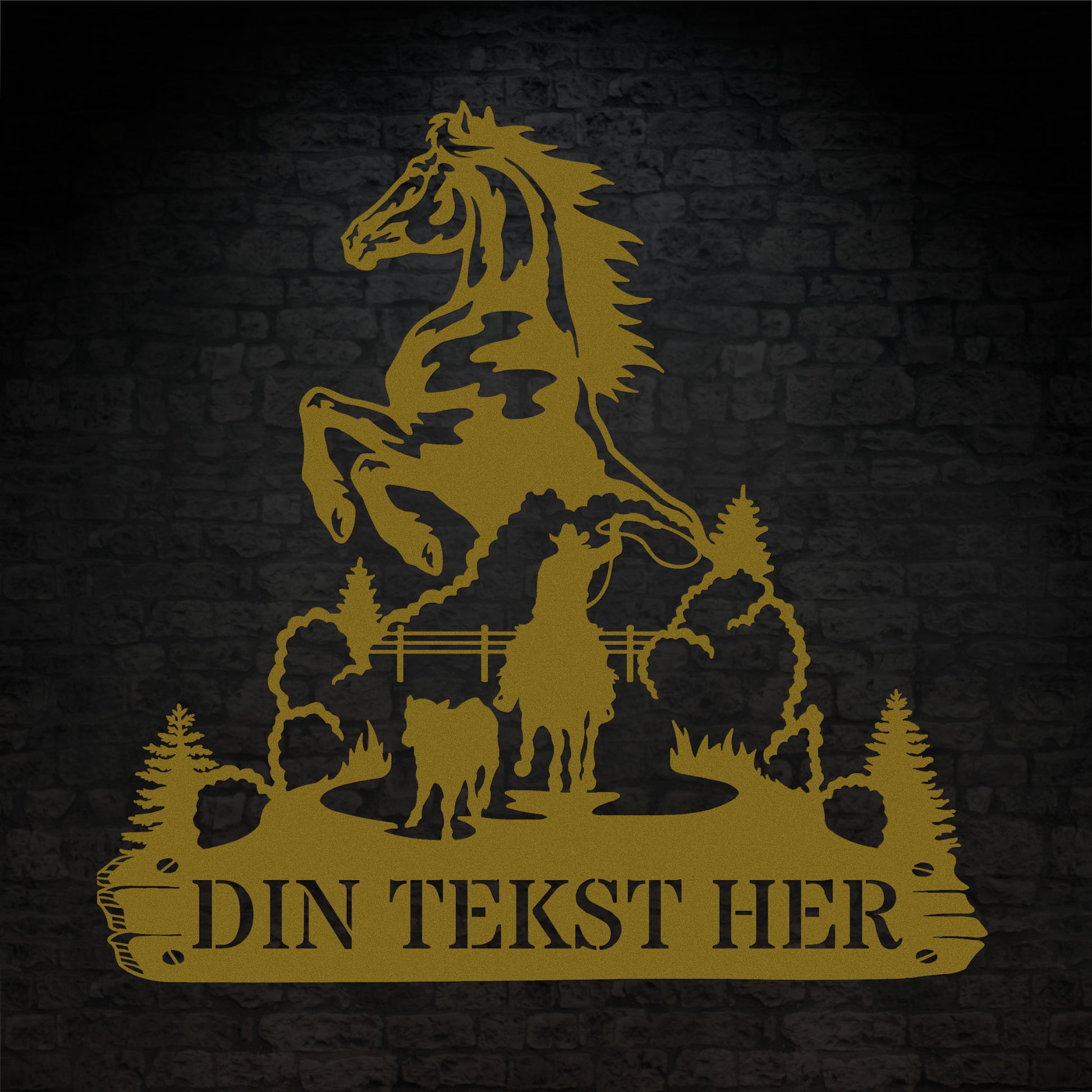 Personlig hest og cowboy metal vægskilt i guld med tekst. Unik display til hestestalden