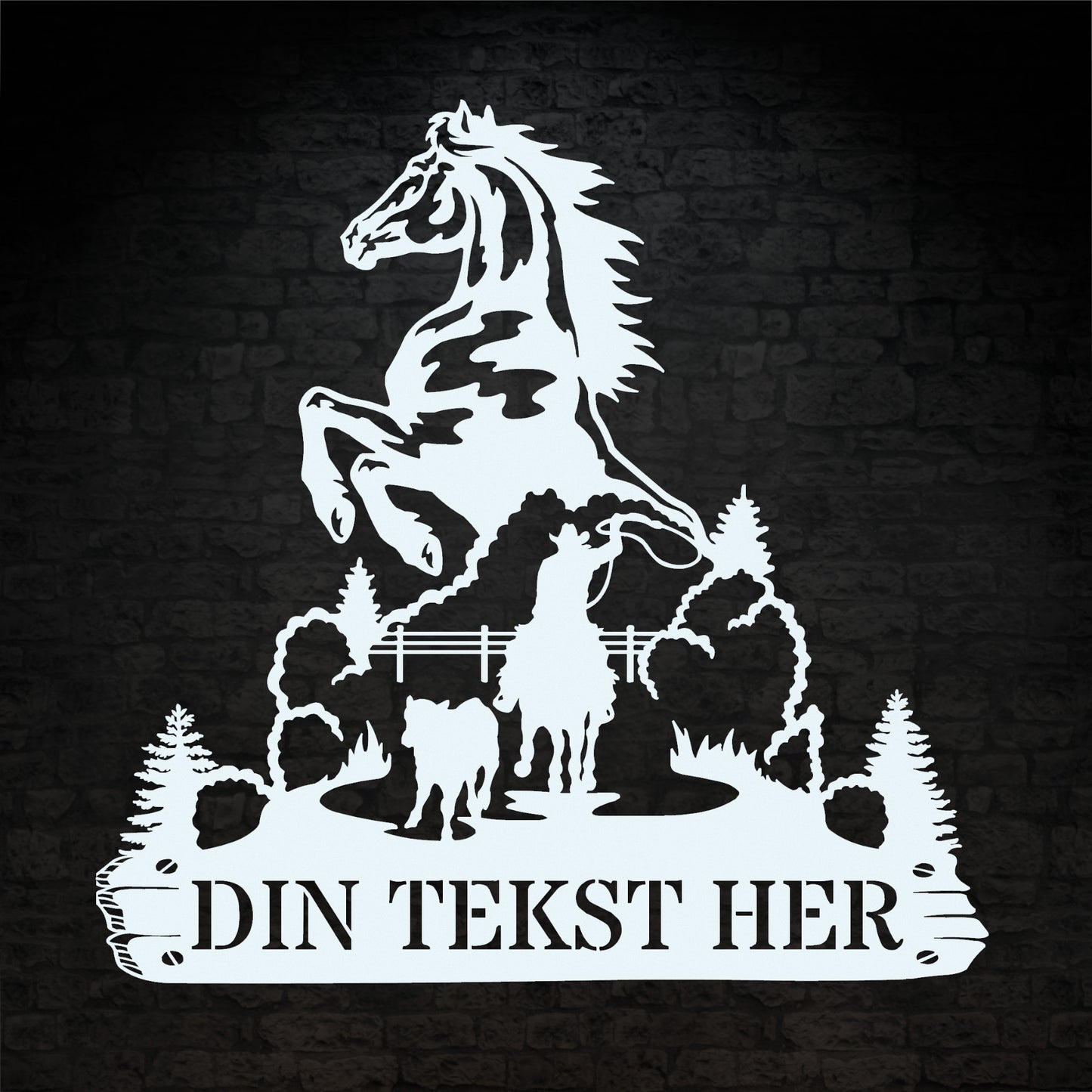 Personlig hest og cowboy metal vægskilt i hvid med tekst. Unik display til hestestalden