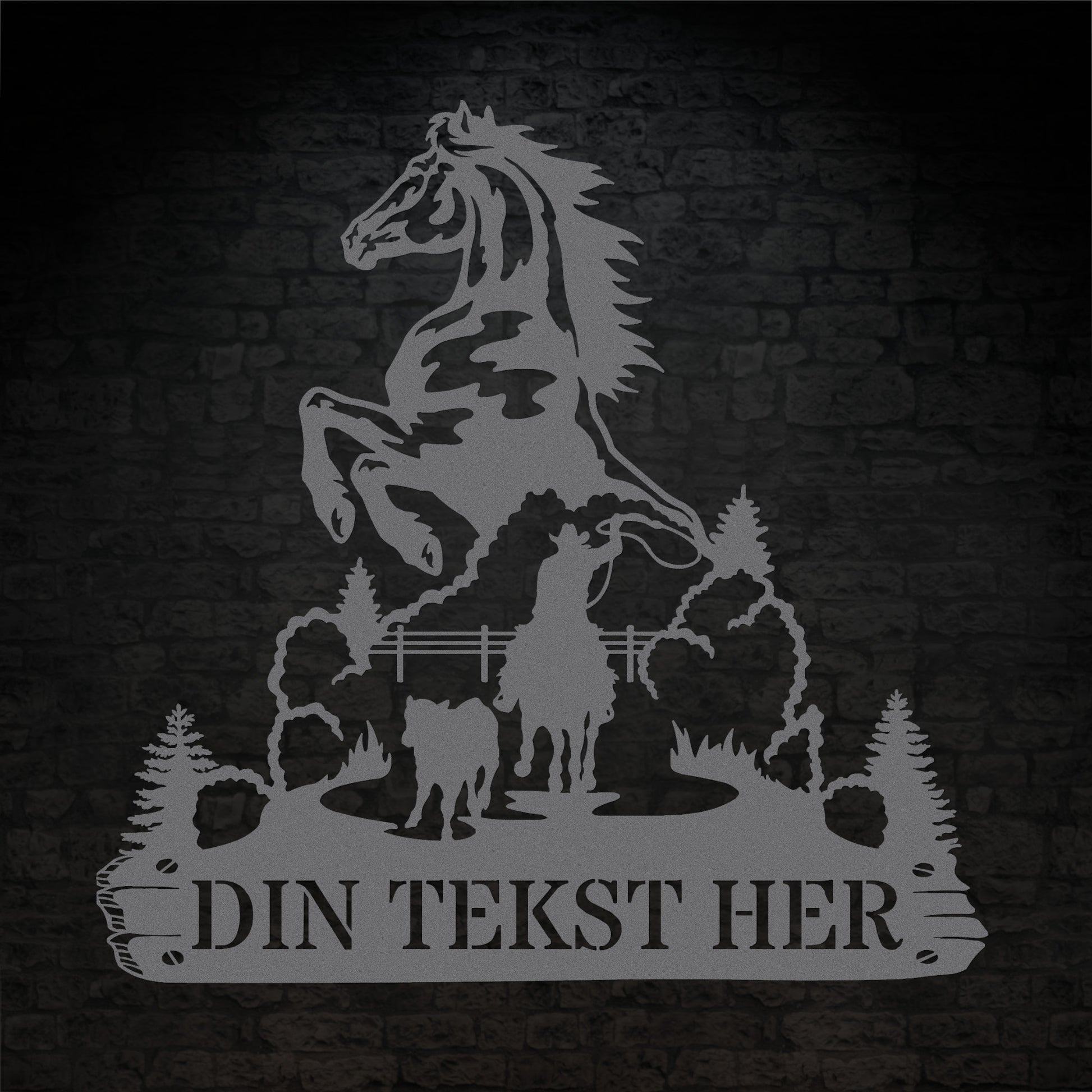 Personlig hest og cowboy metal vægskilt i sølv med tekst. Unik display til hestestalden