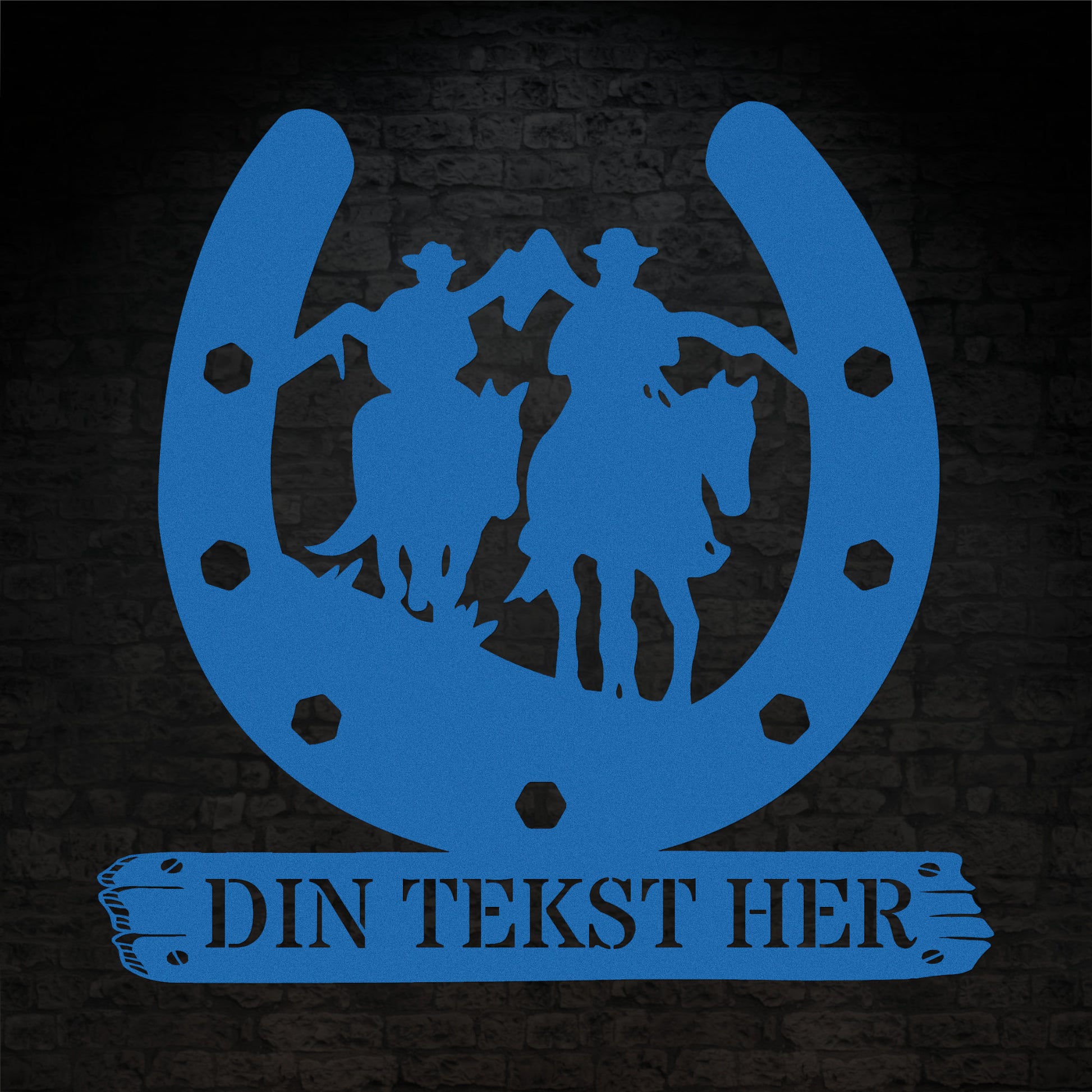 Personlig hesterytter metal vægskilt i blå med tekst. Unik gaveidé til hesteejeren