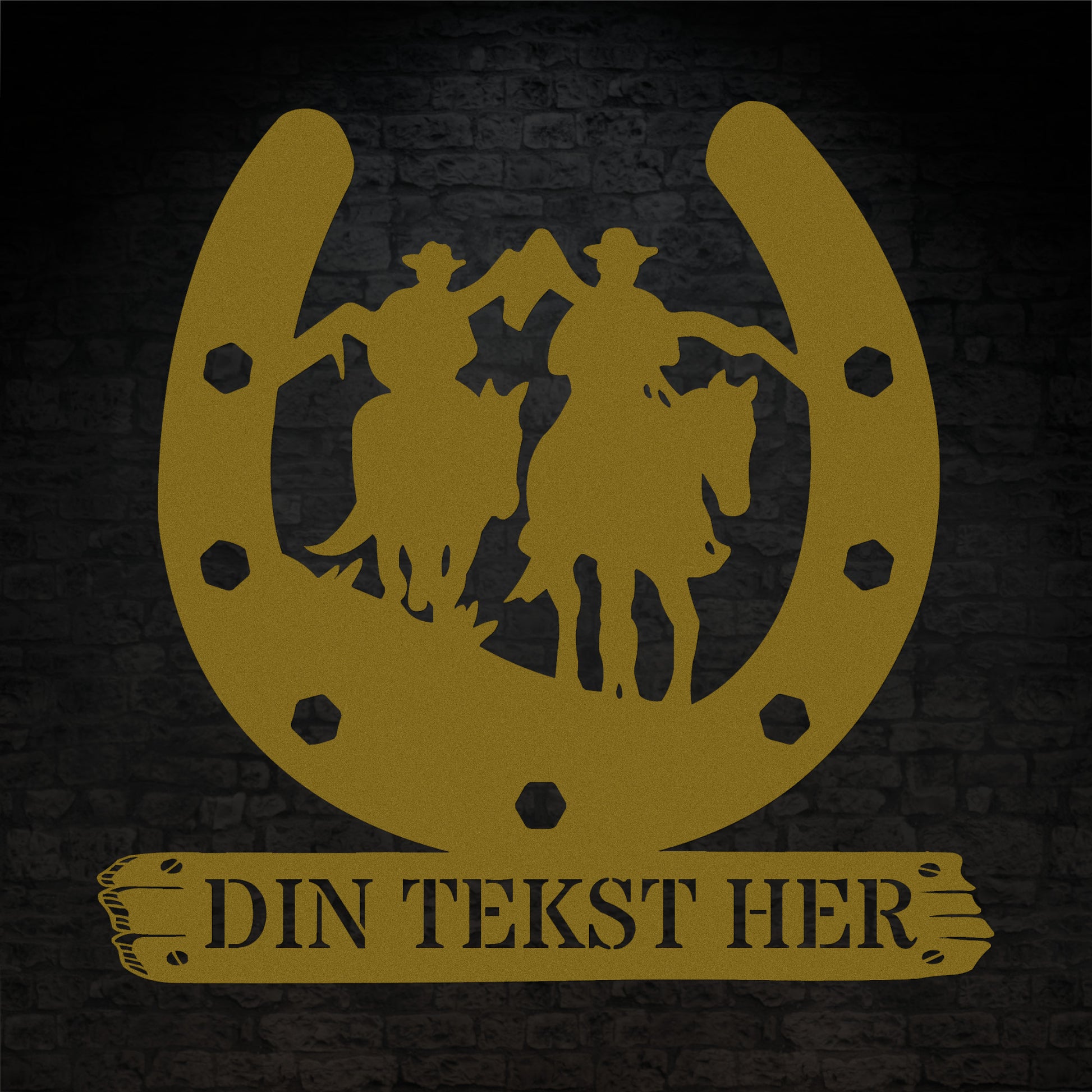 Personlig hesterytter metal vægskilt i guld med tekst. Unik gaveidé til hesteejeren