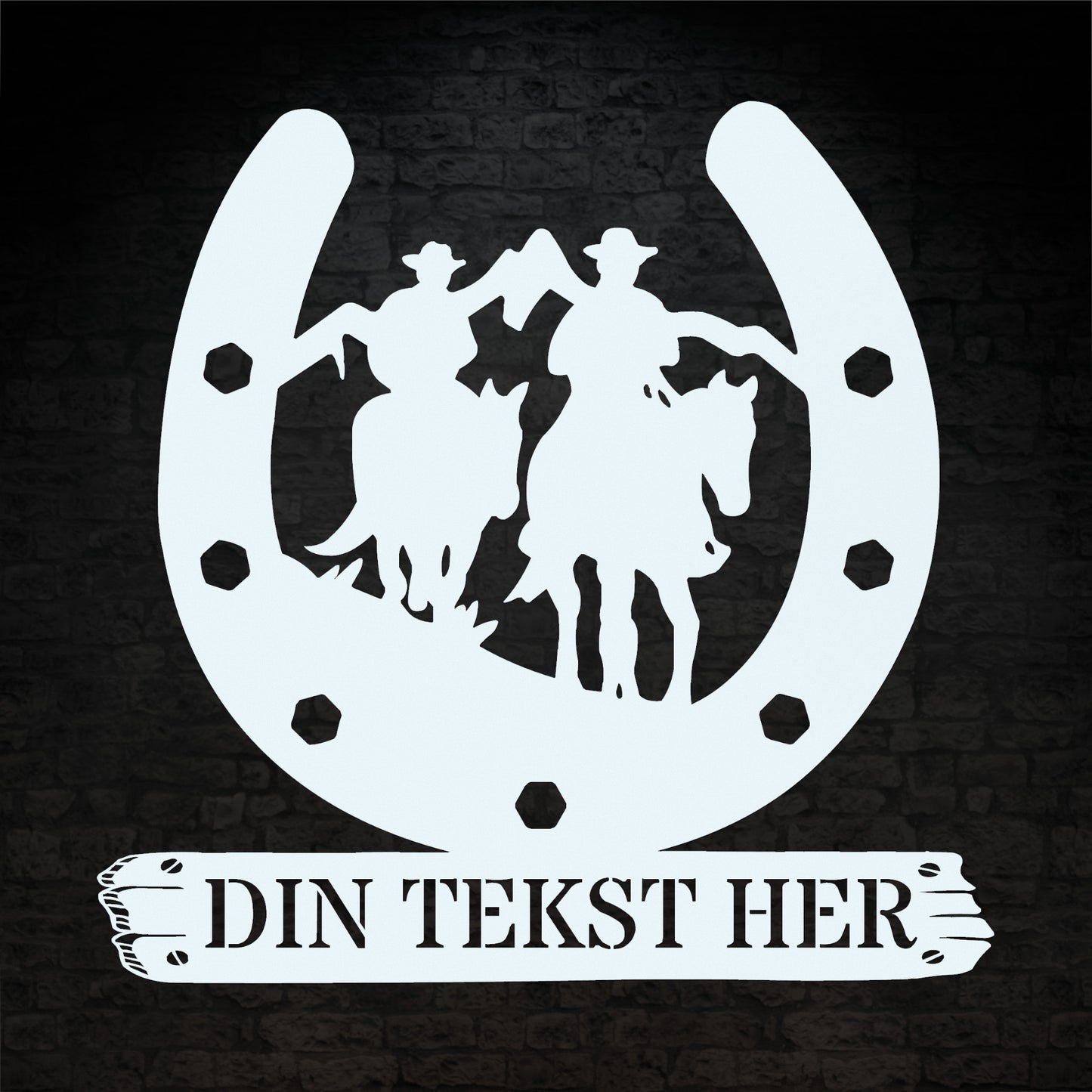 Personlig hesterytter metal vægskilt i hvid med tekst. Unik gaveidé til hesteejeren
