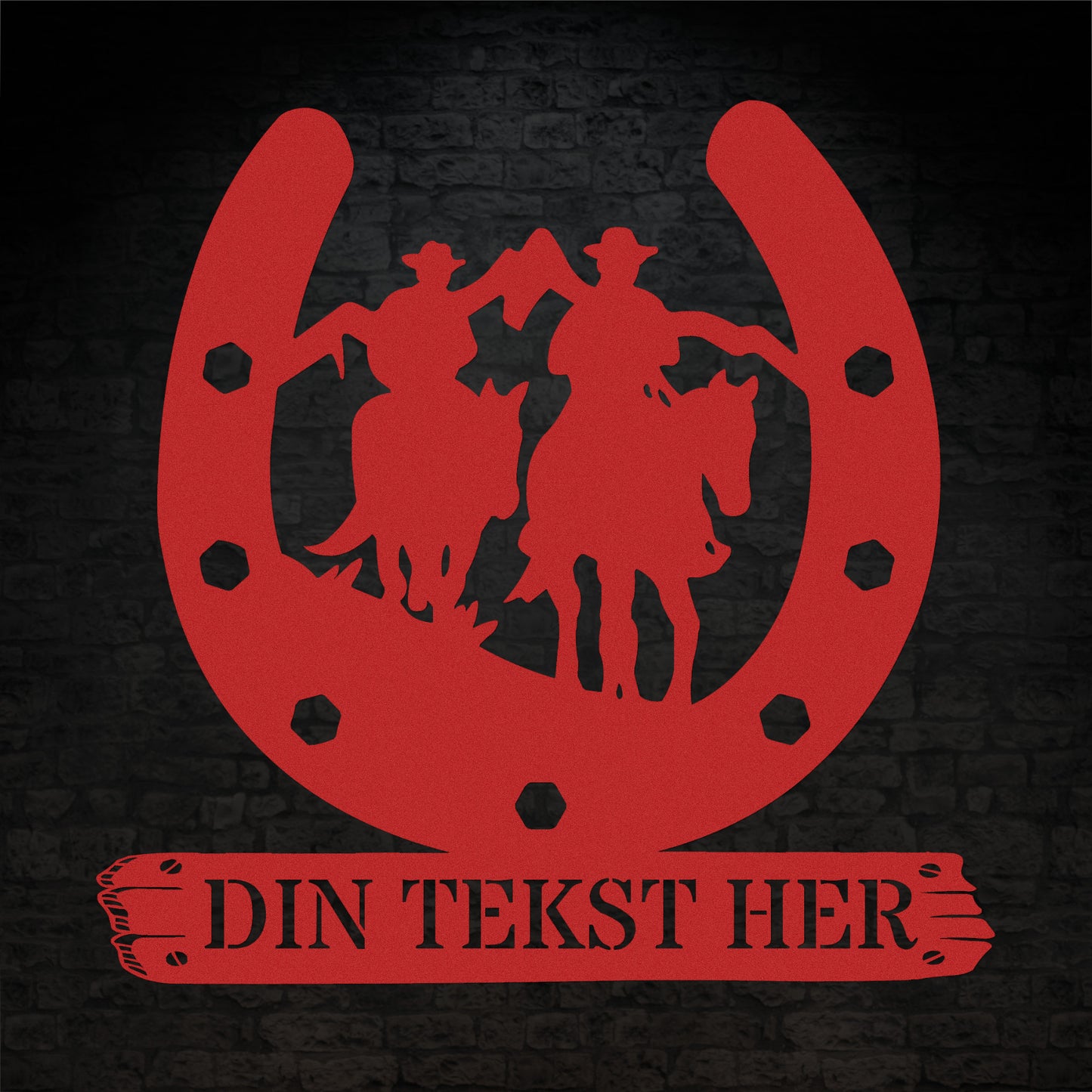 Personlig hesterytter metal vægskilt i rød med tekst. Unik gaveidé til hesteejeren