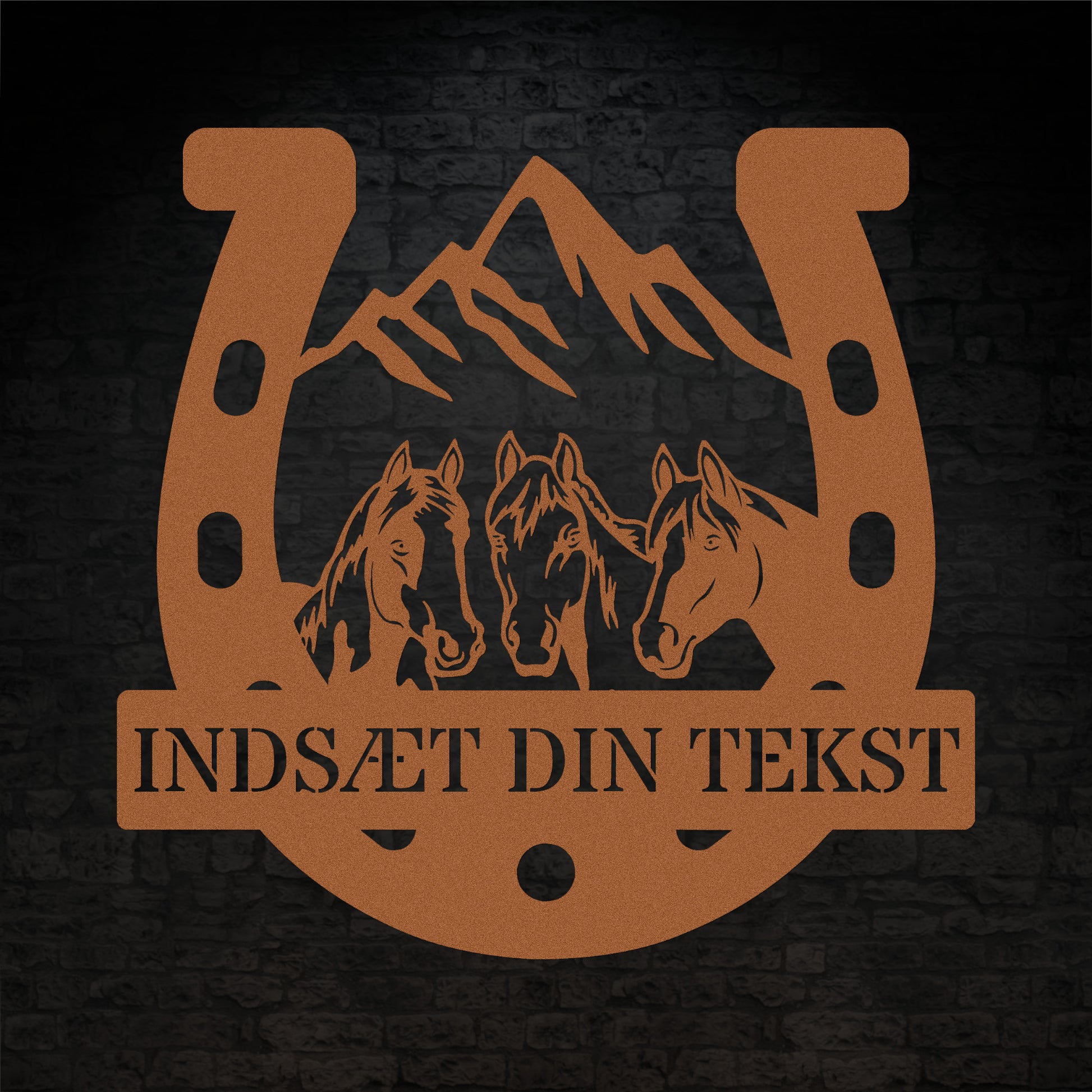 Personlig hestesko metal vægskilt i kobber med tekst. Unik gaveidé til hesteejeren
