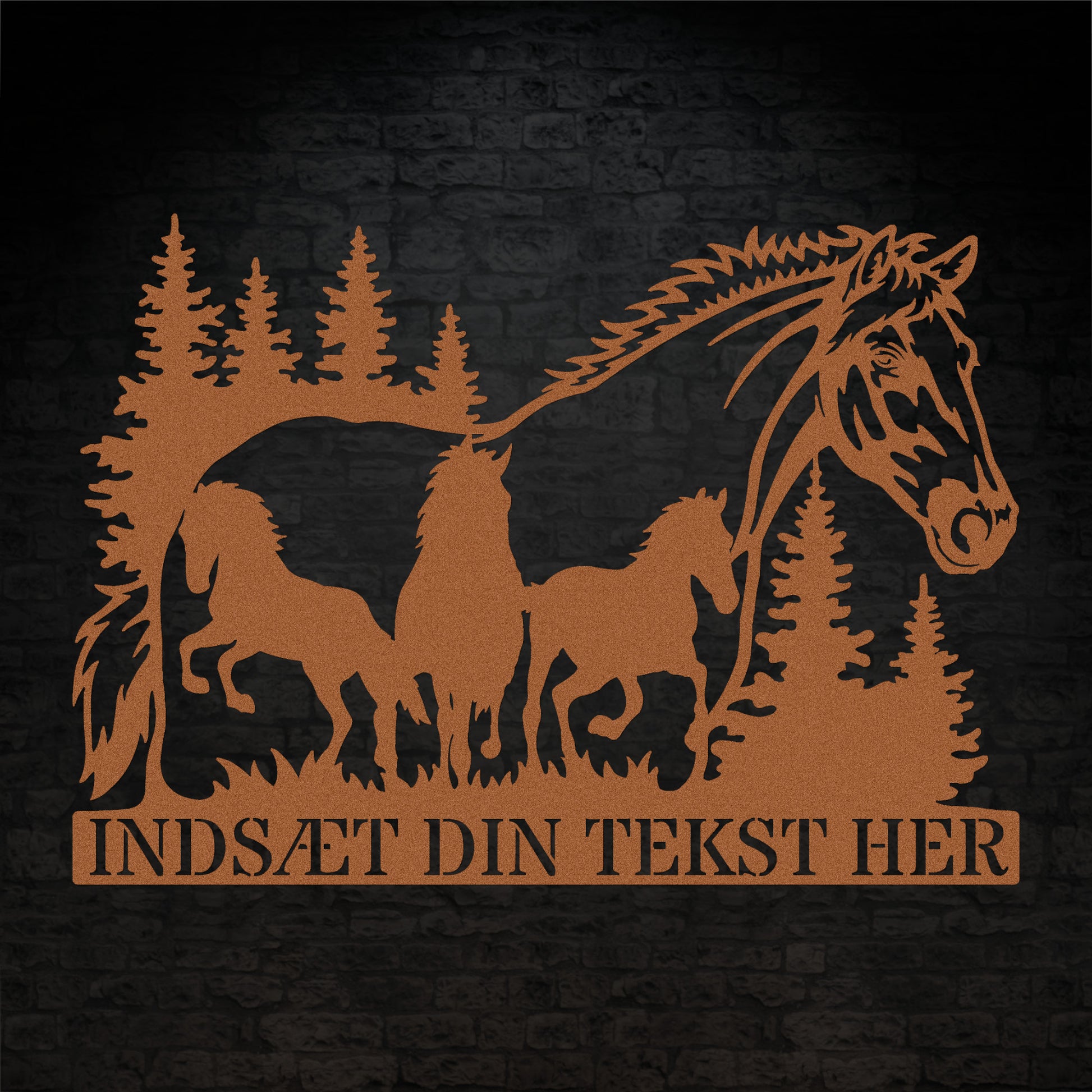 Personlig hestetema metal vægskilt i kobber med tekst. Unik gaveidé til hesteejeren