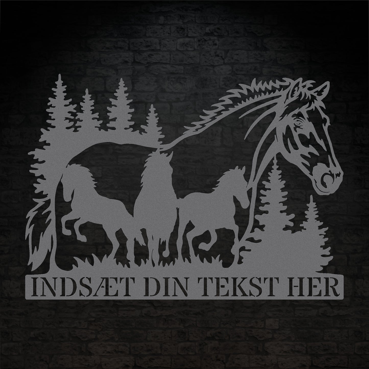Personlig hestetema metal vægskilt i sølv med tekst. Unik gaveidé til hesteejeren