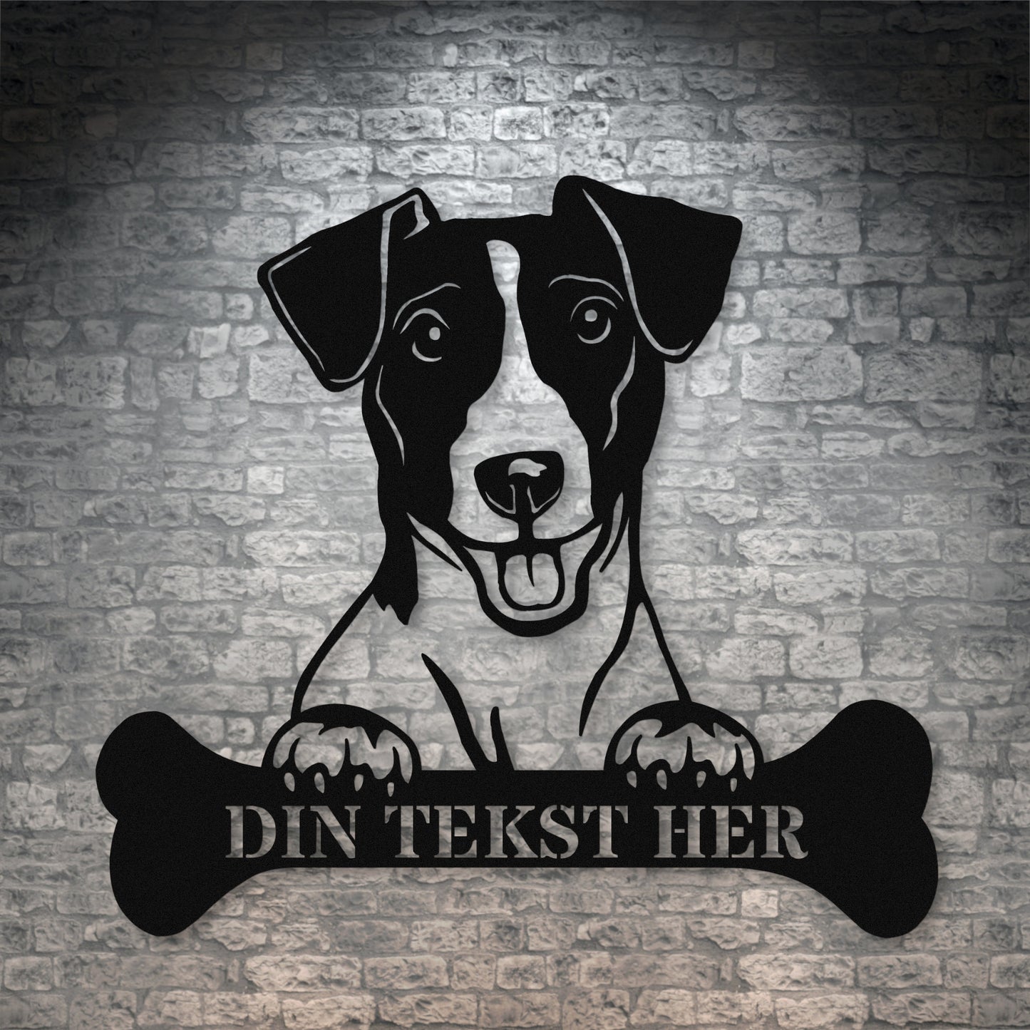 Personlig jack russel terrier metalskilt i sort med personlig tekst. Hundeejer gaveidé