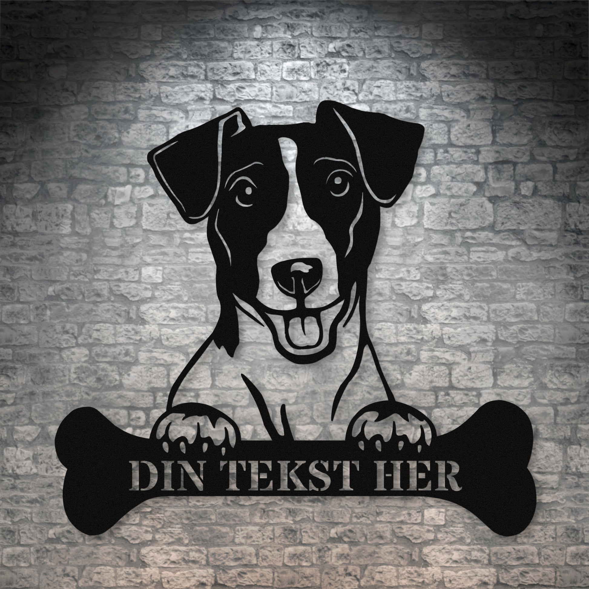 Personlig jack russel terrier metalskilt i sort med personlig tekst. Hundeejer gaveidé