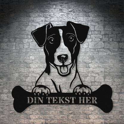 Personlig jack russel terrier metalskilt i sort med personlig tekst. Hundeejer gaveidé