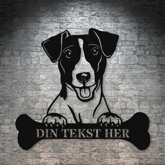 Personlig jack russel terrier metalskilt i sort med personlig tekst. Hundeejer gaveidé