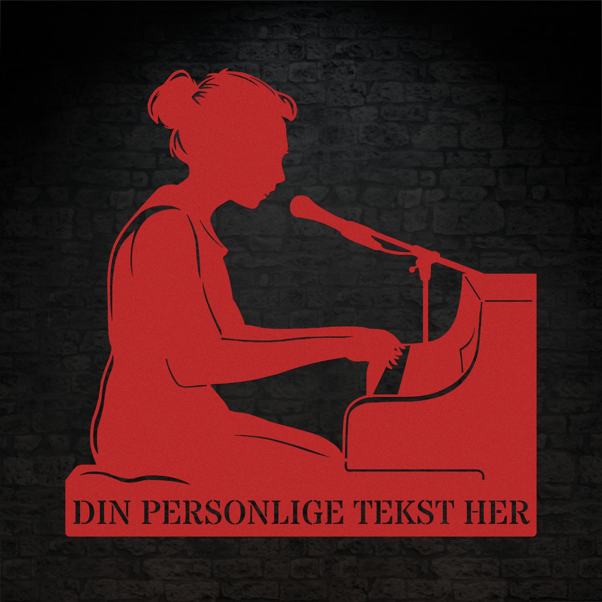 Personlig kvindelig pianist metal vægskilt i rød med tekst. Unik musiker gaveidé