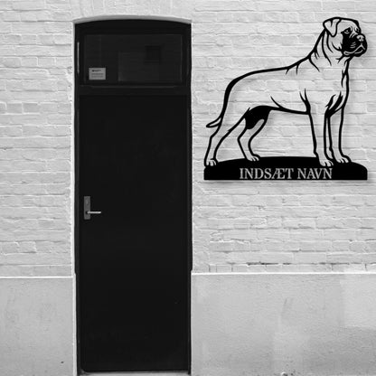 Personlig lys Bullmastiff metalskilt med hundenavn....