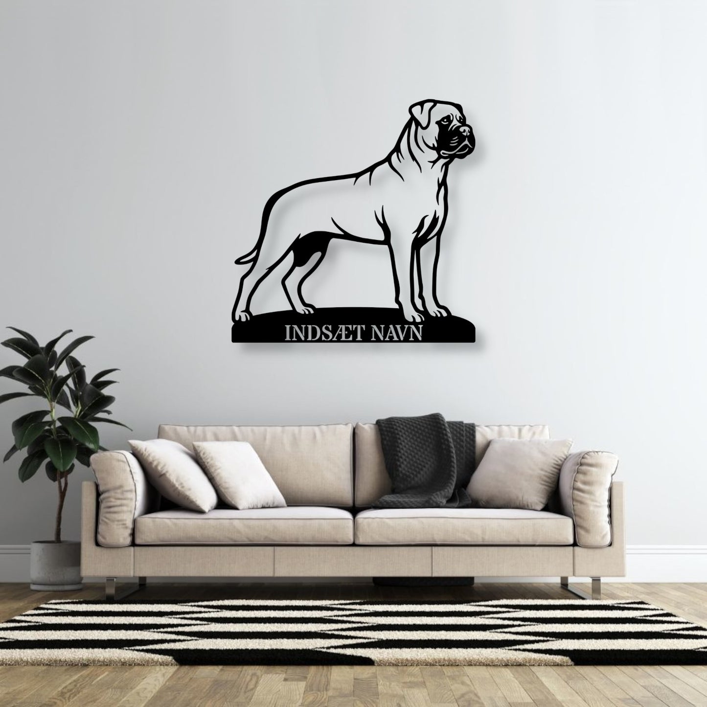 Personlig lys Bullmastiff metalskilt med hundenavn..