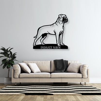 Personlig lys Bullmastiff metalskilt med hundenavn..
