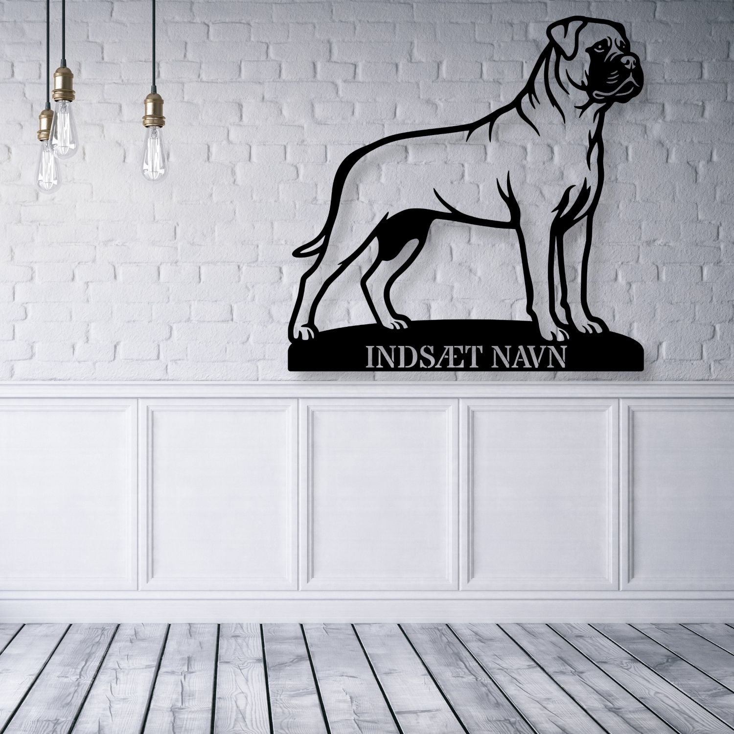 Personlig lys Bullmastiff metalskilt med hundenavn.
