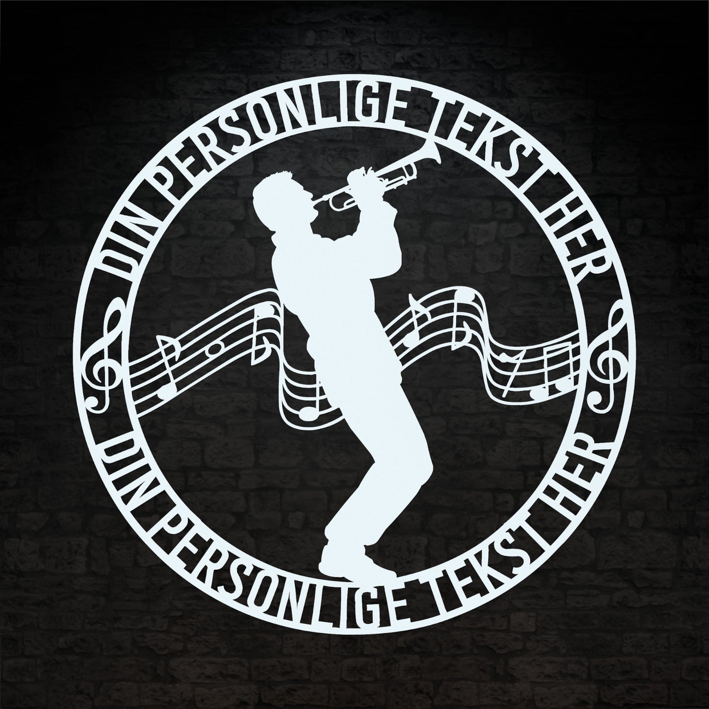 Personlig mandlig trompetist metal vægskilt i hvid med tekst. Unik musiker gaveidé