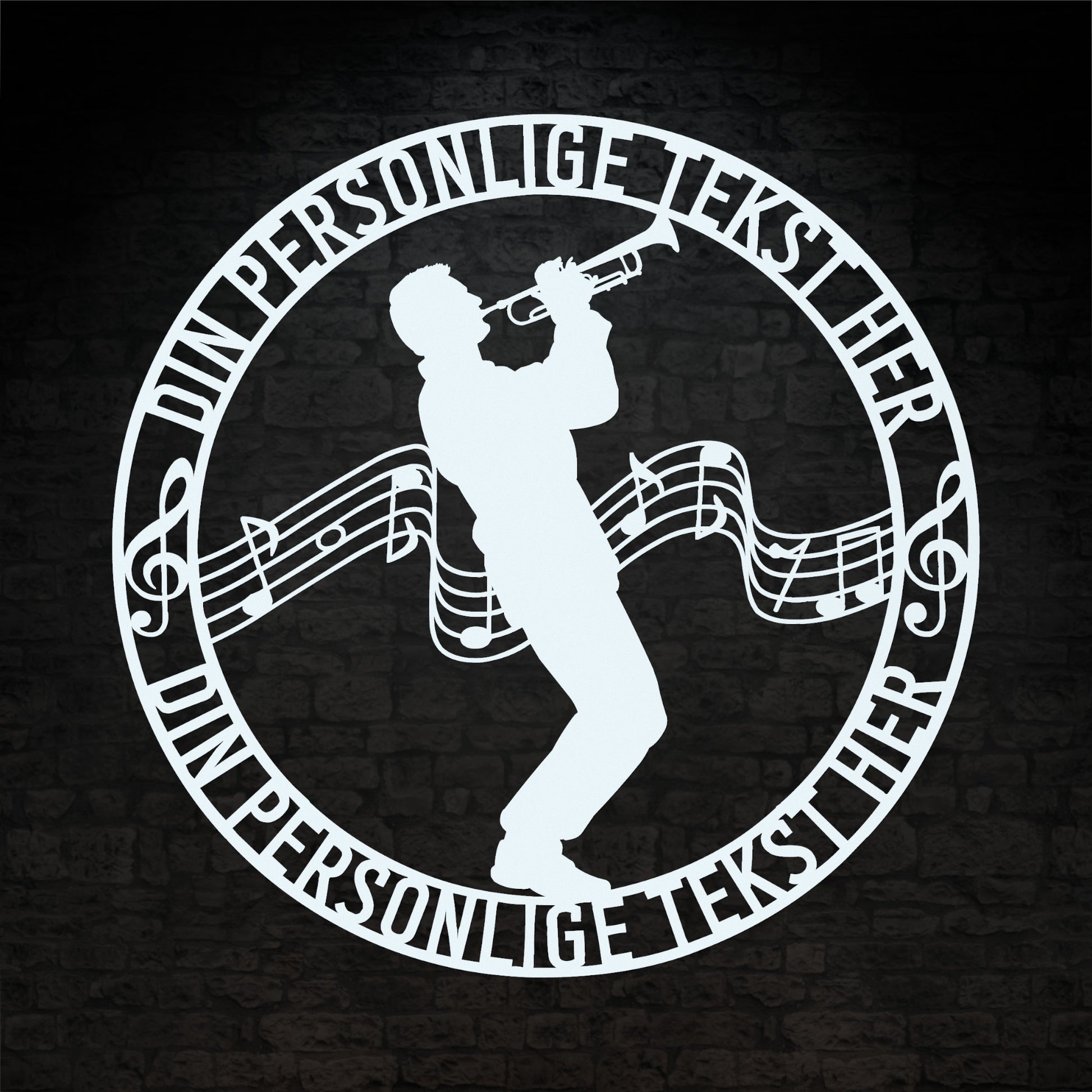 Personlig mandlig trompetist metal vægskilt i hvid med tekst. Unik musiker gaveidé