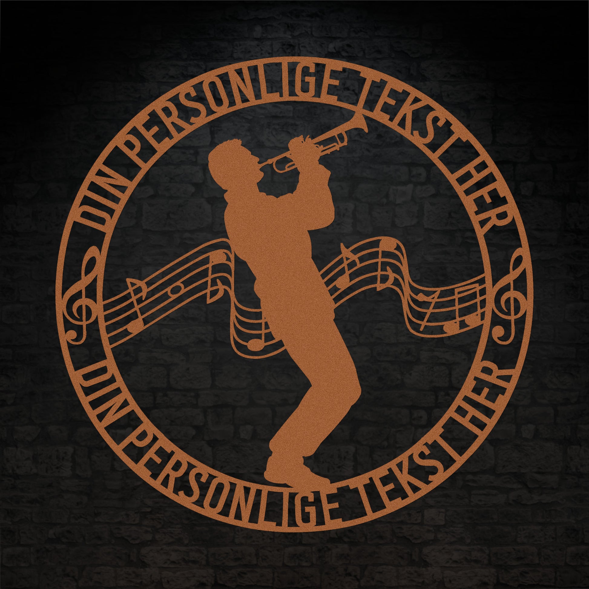 Personlig mandlig trompetist metal vægskilt i kobber med tekst. Unik musiker gaveidé