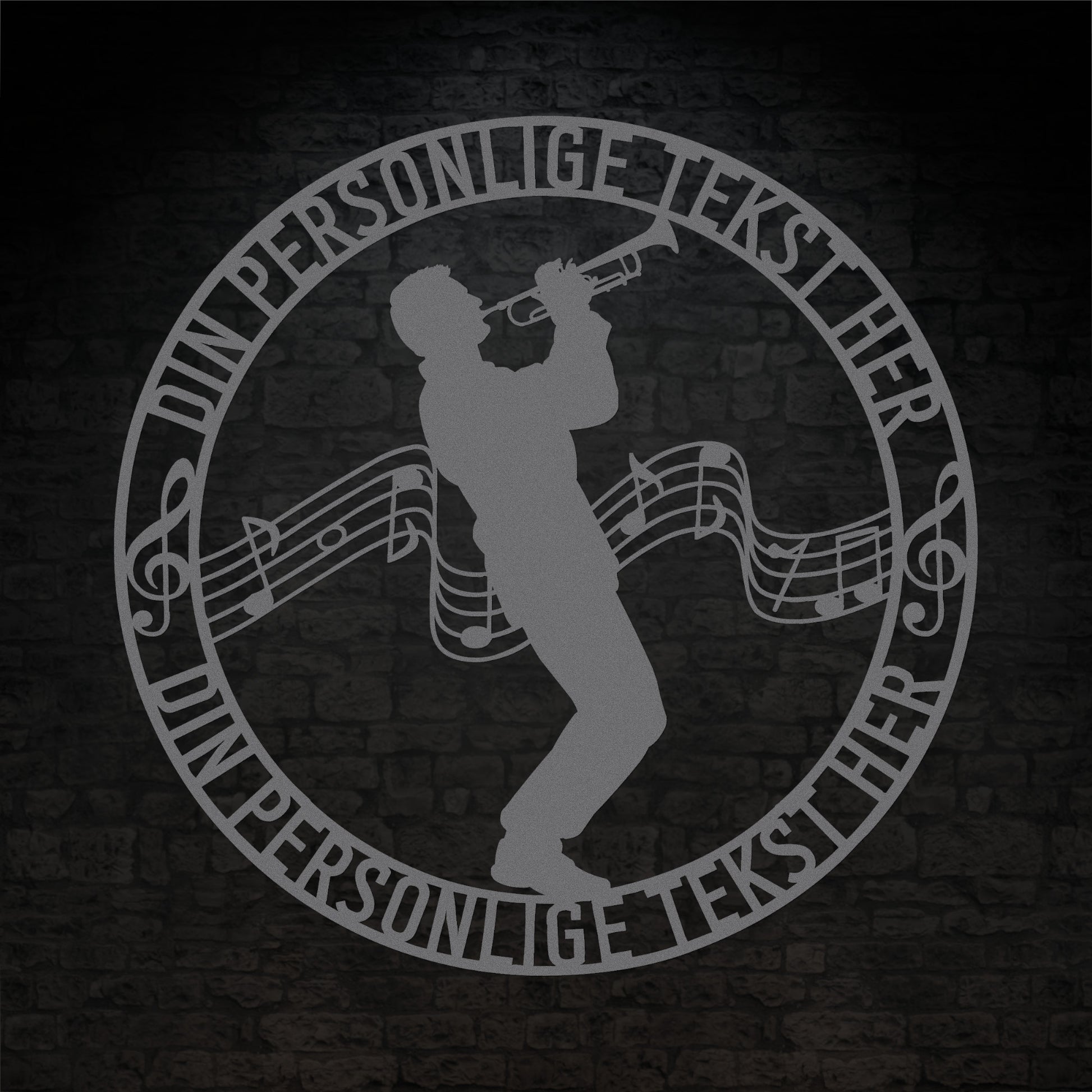Personlig mandlig trompetist metal vægskilt i sølv med tekst. Unik musiker gaveidé