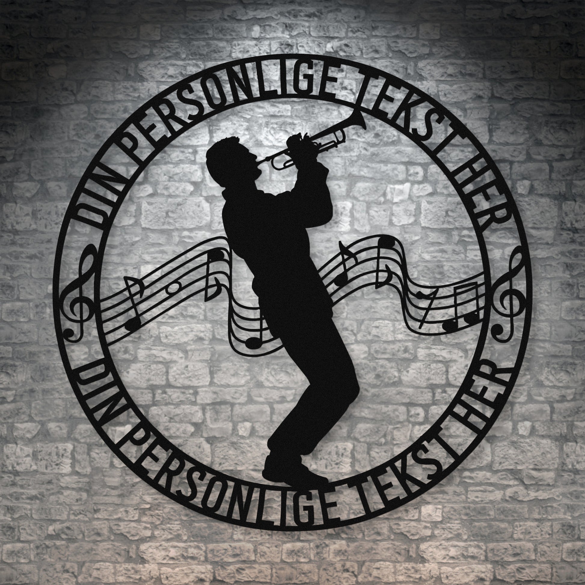 Personlig mandlig trompetist metal vægskilt i sort med tekst. Unik musiker gaveidé