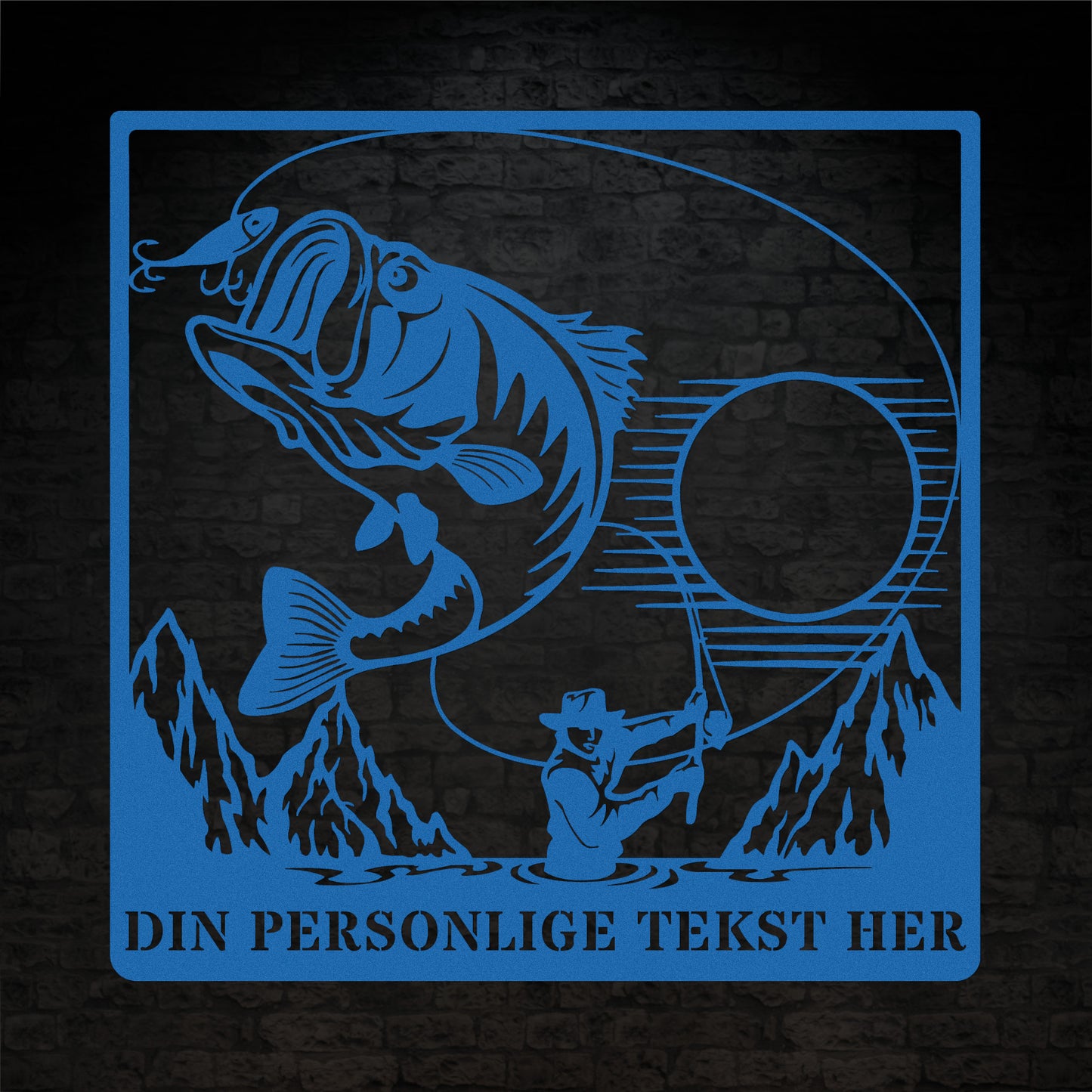 Personlig metalskilt i blå til lystfiskeren. Fisker vægdekoration gaveidé