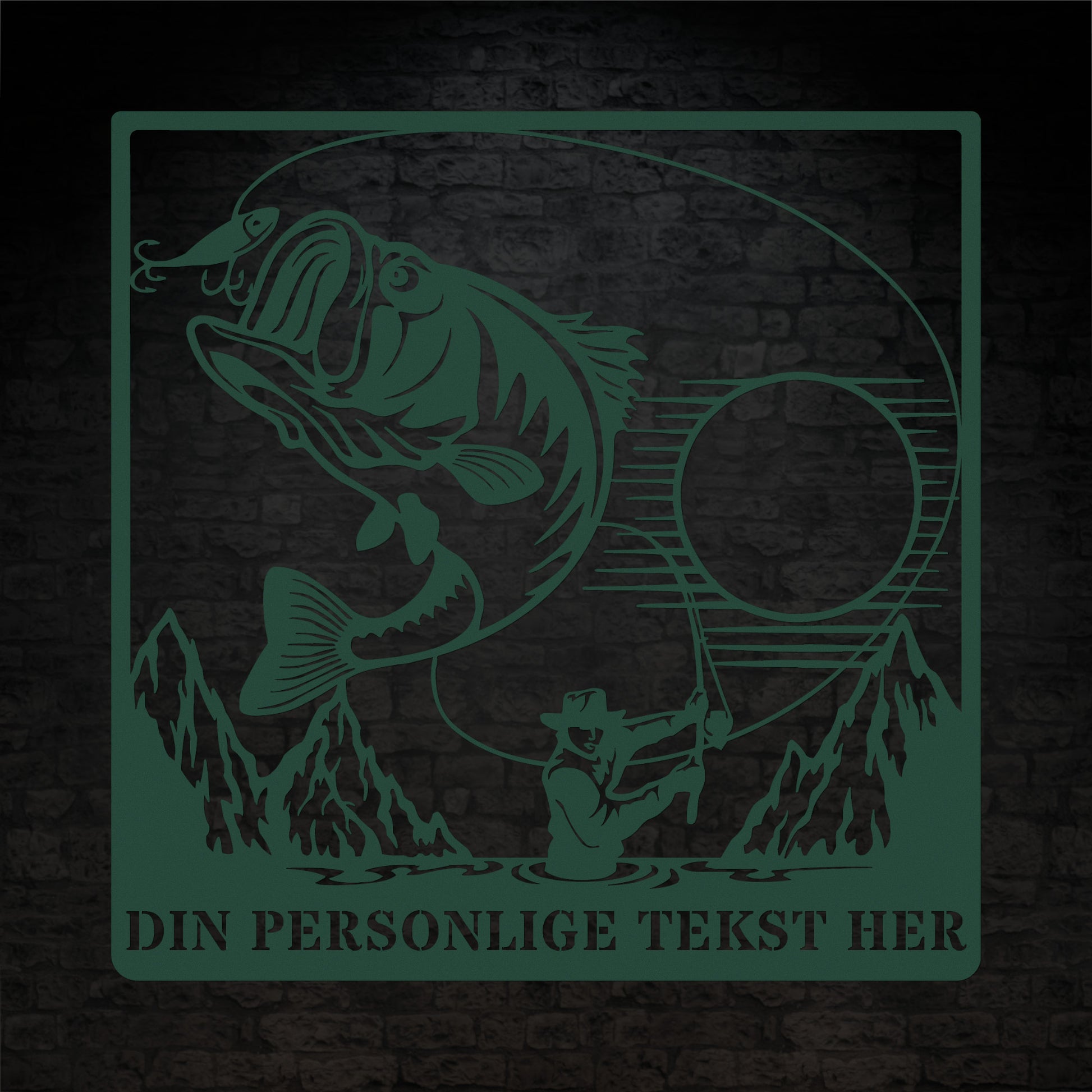 Personlig metalskilt i grøn til lystfiskeren. Fisker vægdekoration gaveidé