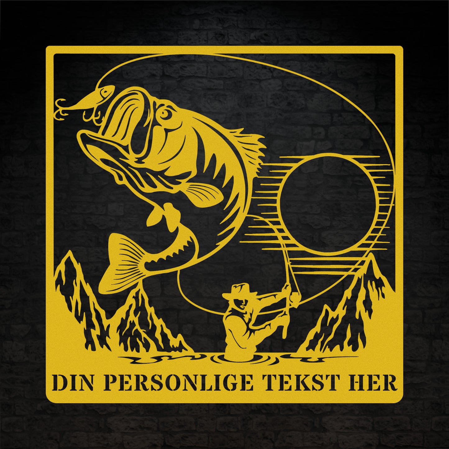 Personlig metalskilt i gul til lystfiskeren. Fisker vægdekoration gaveidé