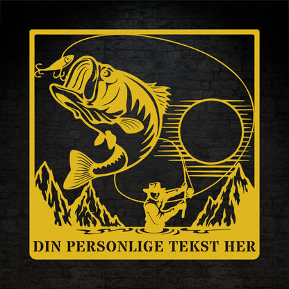 Personlig metalskilt i gul til lystfiskeren. Fisker vægdekoration gaveidé