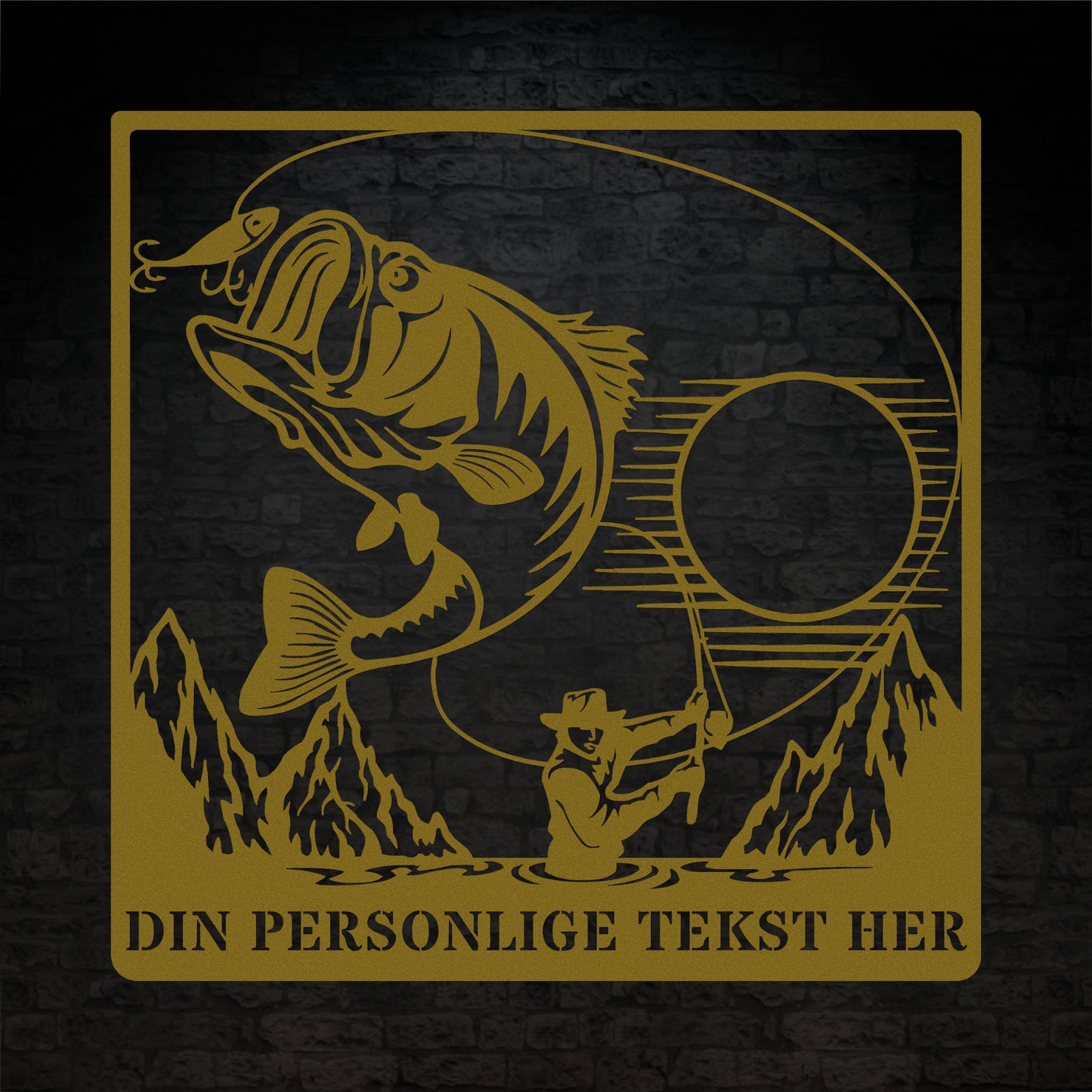 Personlig metalskilt i guldfarve til lystfiskeren. Fisker vægdekoration gaveidé