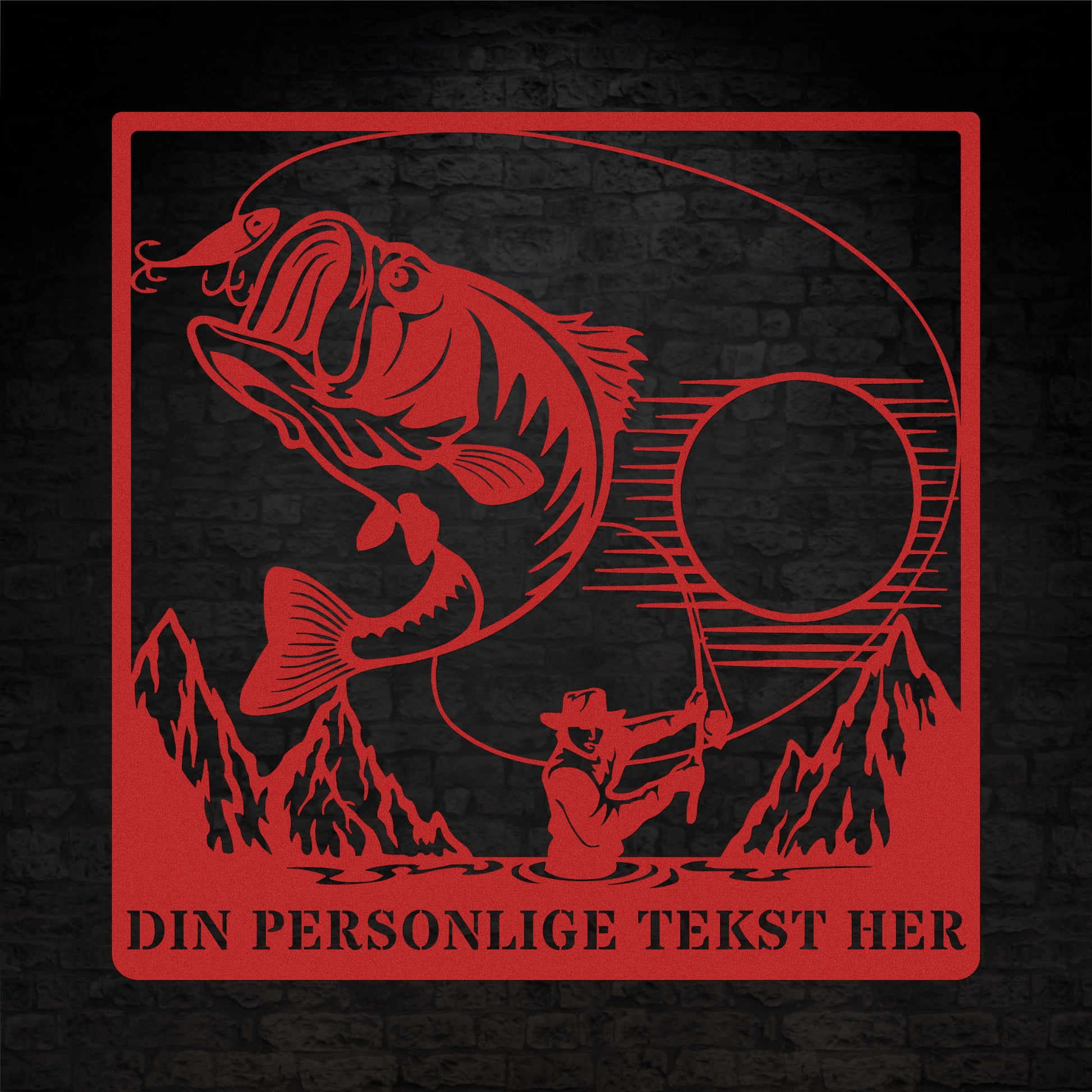 Personlig metalskilt i rød til lystfiskeren. Fisker vægdekoration gaveidé