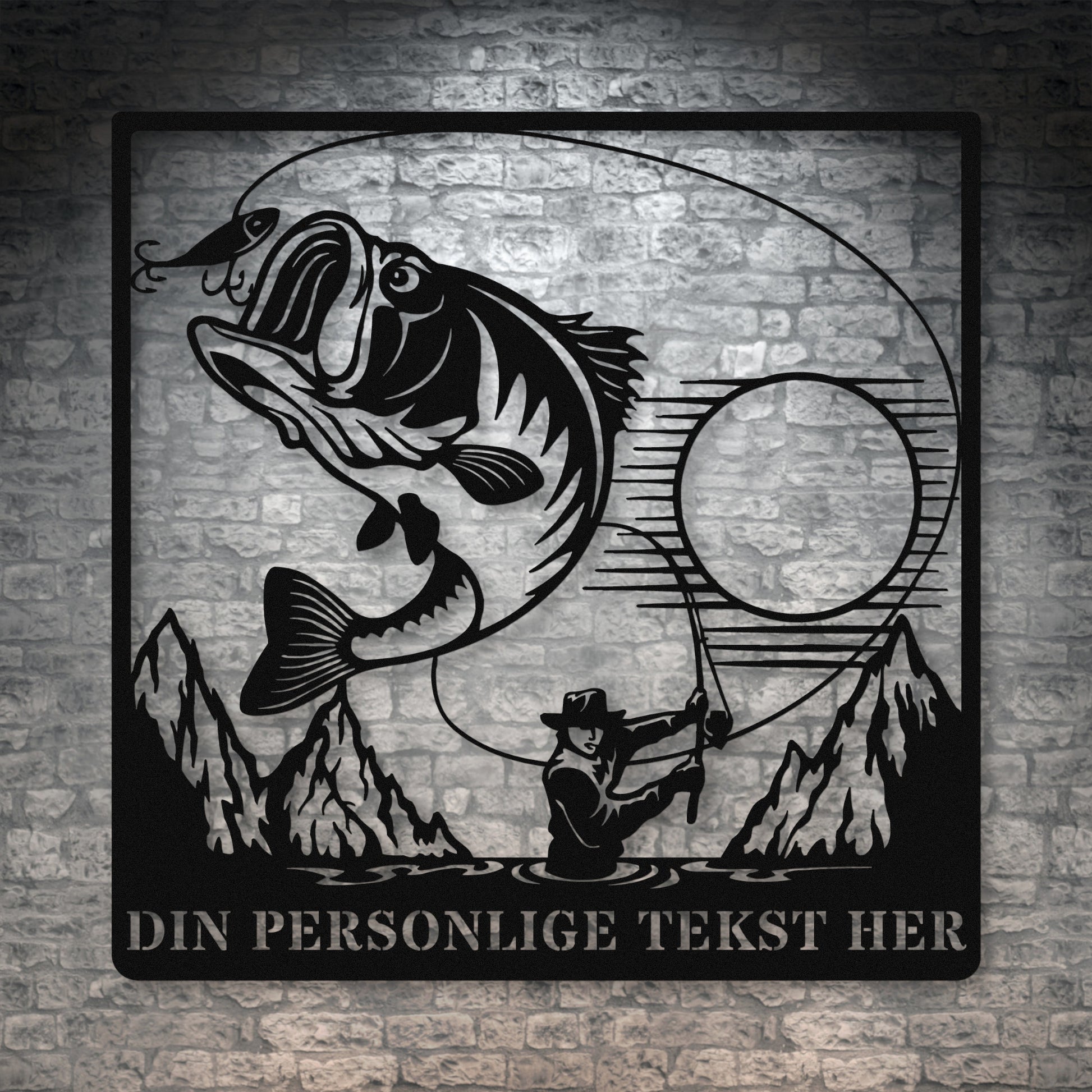 Personlig metalskilt i sort til lystfiskeren. Fisker vægdekoration gaveidé