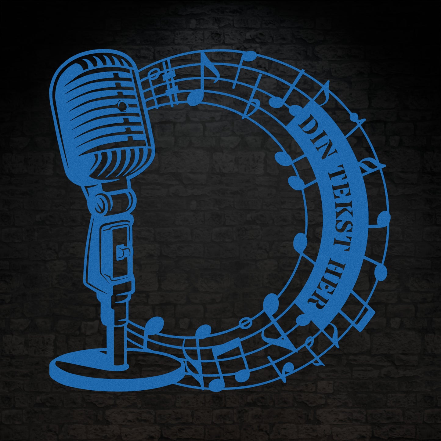 Personlig mikrofon metal vægskilt i blå med tekst. Unik gaveidé til sangeren