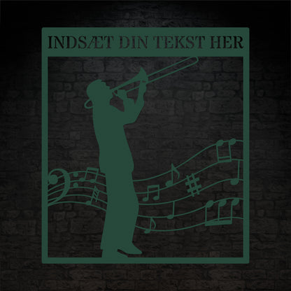 Personlig musiker metal vægskilt i grøn med tekst. Unik trombonist gaveidé