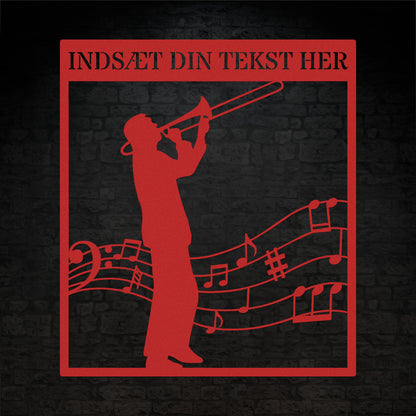 Personlig musiker metal vægskilt i rød med tekst. Unik trombonist gaveidé