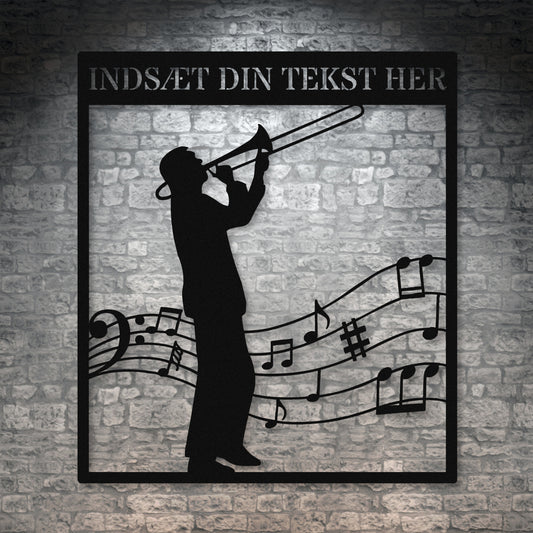 Personlig musiker metal vægskilt i sort med tekst. Unik trombonist gaveidé