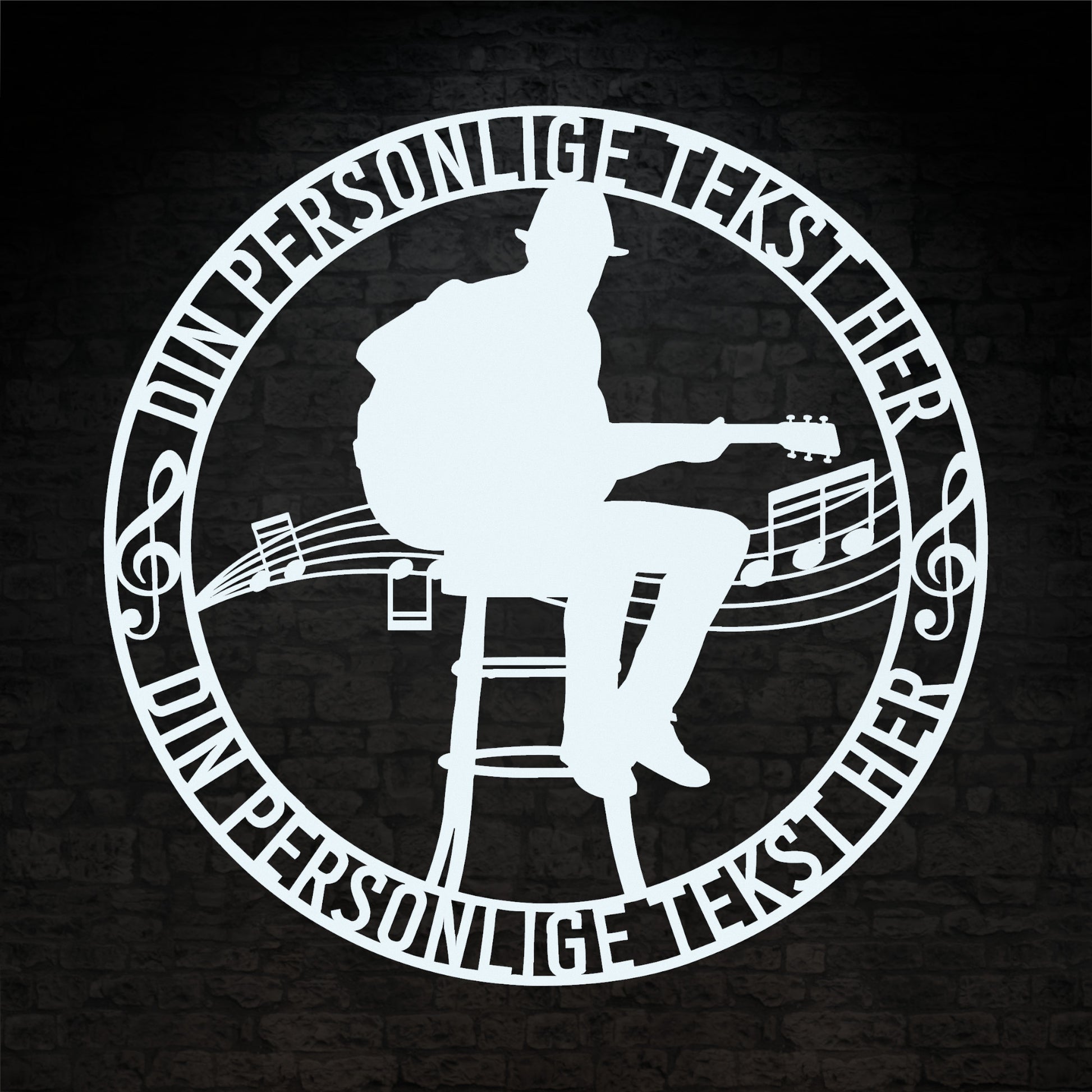 Personlig musiker metalskilt i hvid med personlig tekst. Unik guitarist navneskilt gaveidé