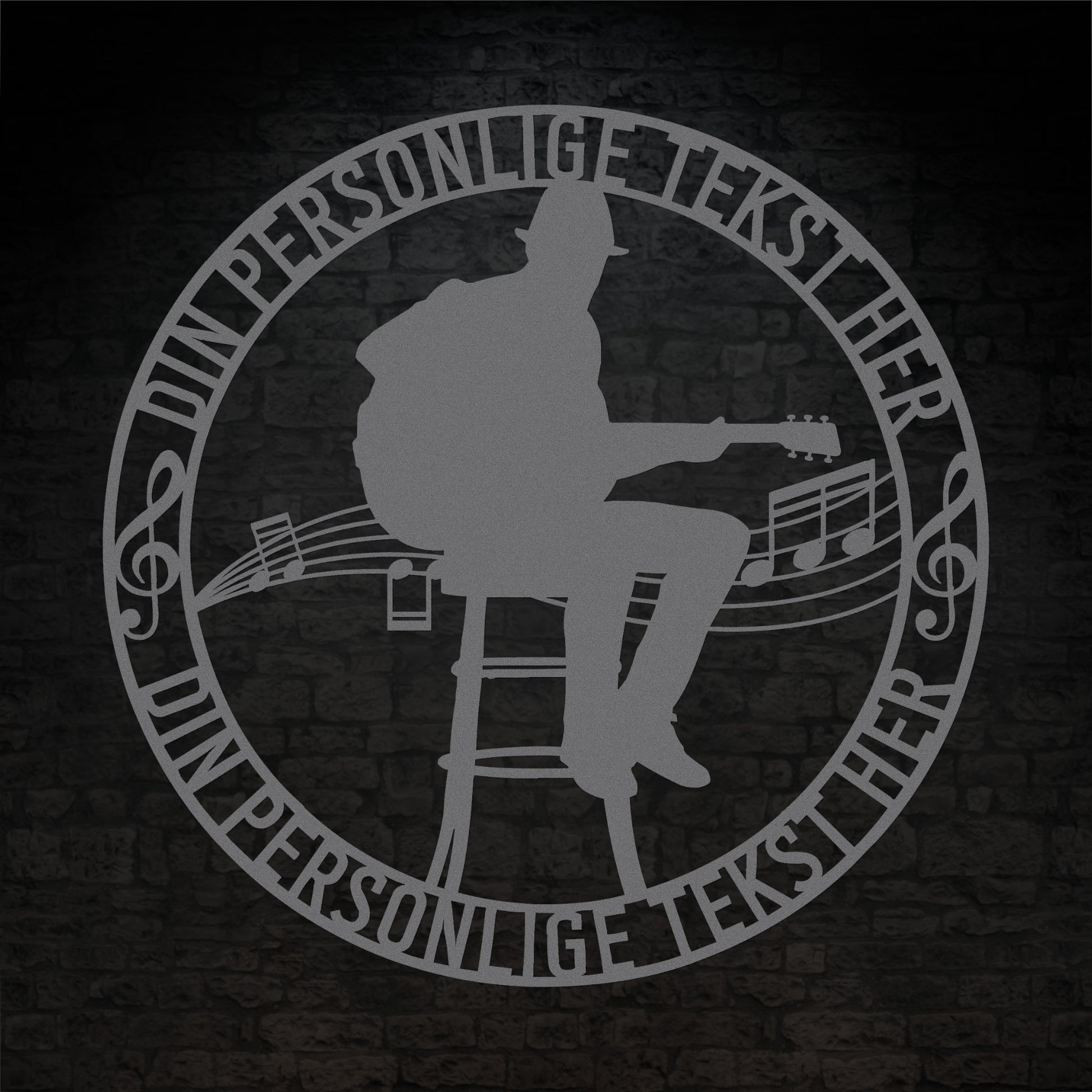 Personlig musiker metalskilt i sølv med personlig tekst. Unik guitarist navneskilt gaveidé