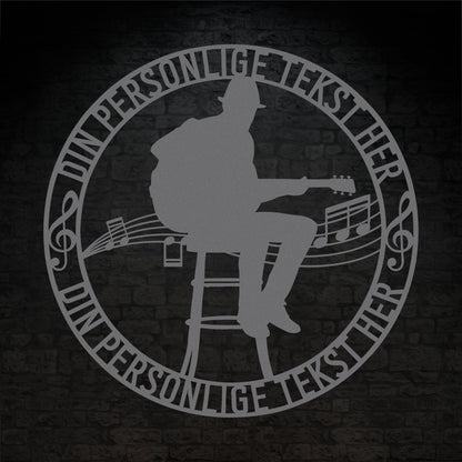 Personlig musiker metalskilt i sølv med personlig tekst. Unik guitarist navneskilt gaveidé