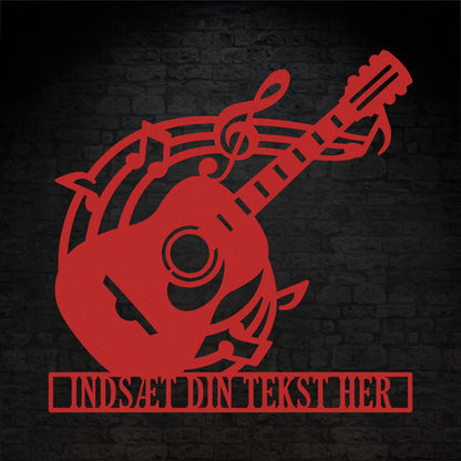 Personlig rød guitarskilt i metal med tekst. Musikelsker navneskilt vægdekoration gaveidé