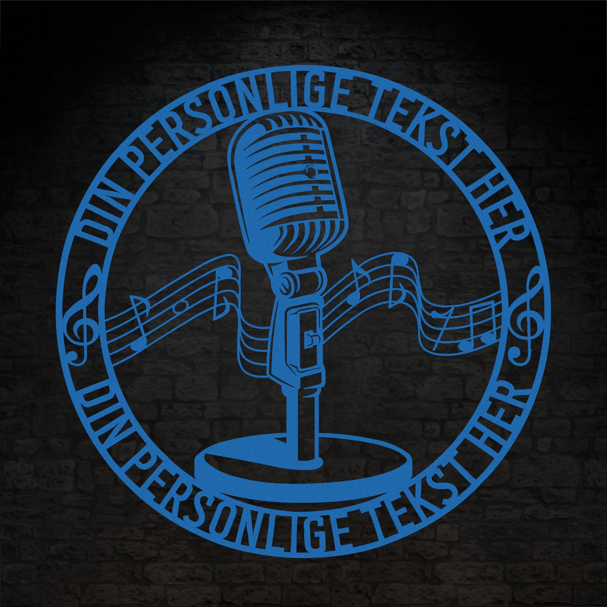Personlig rund metal vægskilt i blå med tekst. Unik mikrofon gaveidé til sangeren