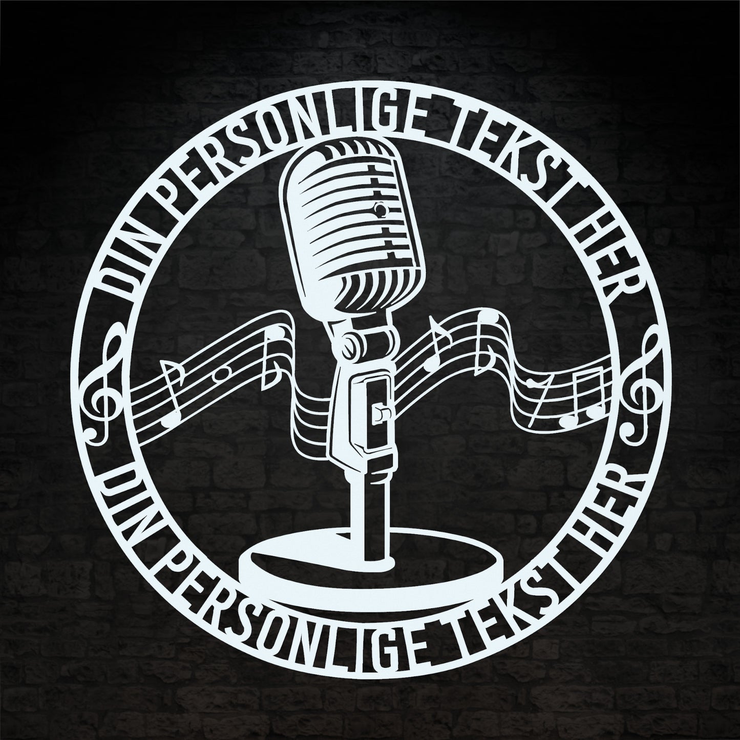 Personlig rund metal vægskilt i hvid med tekst. Unik mikrofon gaveidé til sangeren