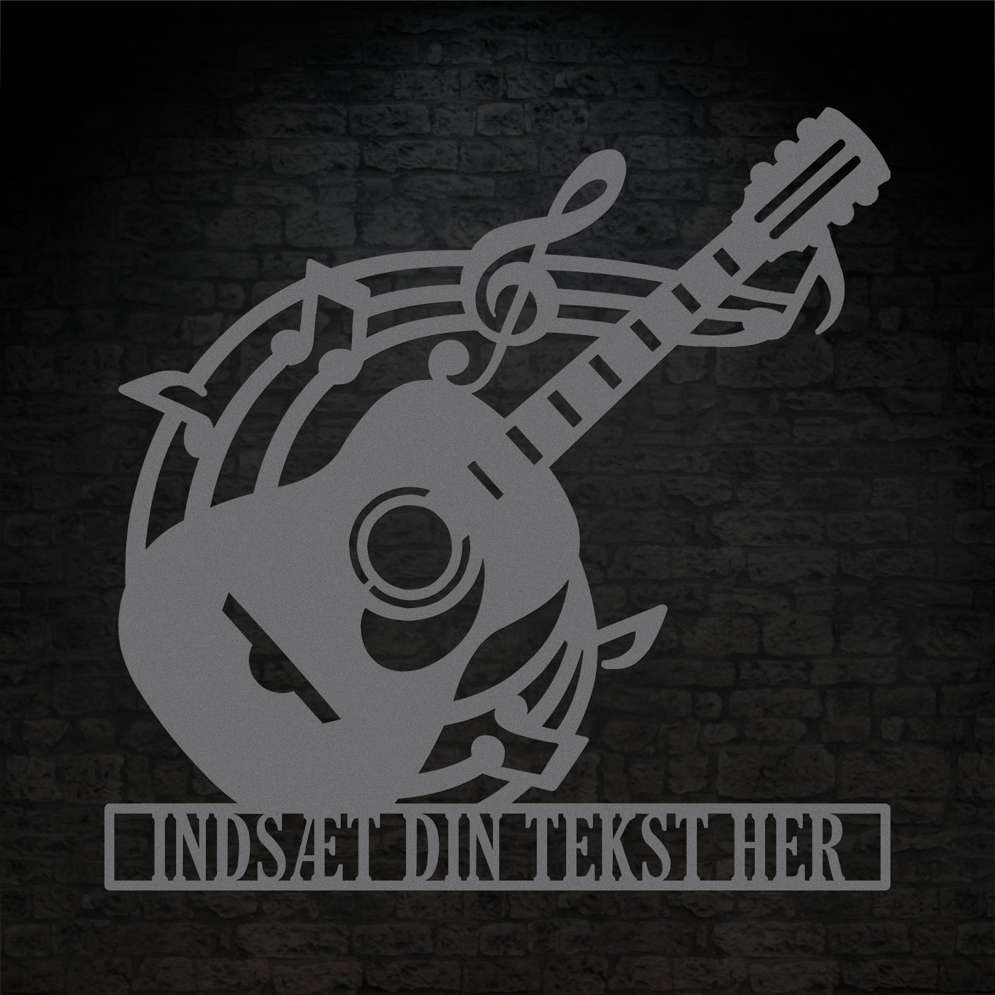 Personlig sølv guitarskilt i metal med tekst. Musikelsker navneskilt vægdekoration gaveidé