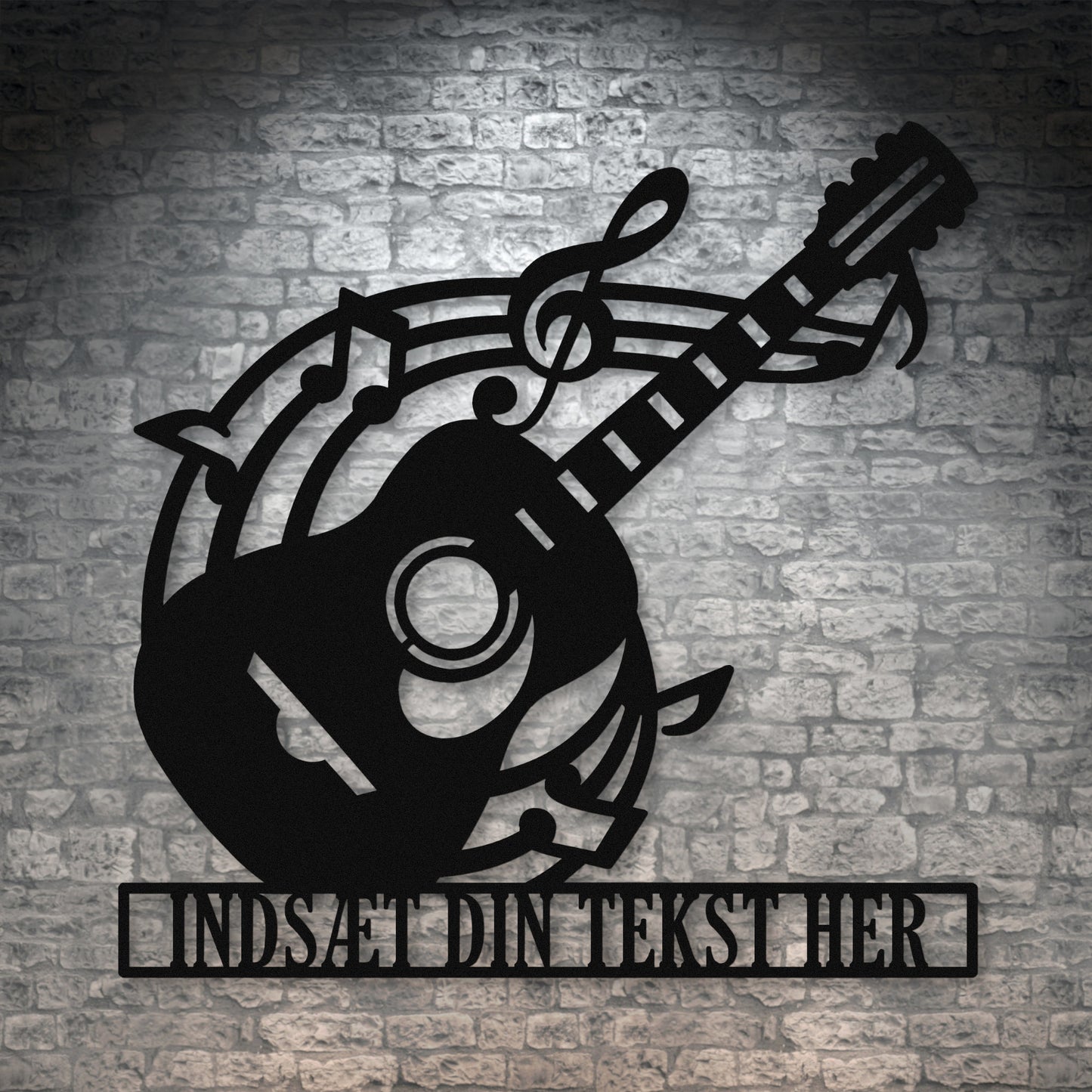 Personlig sort guitarskilt i metal med tekst. Musikelsker navneskilt vægdekoration gaveidé