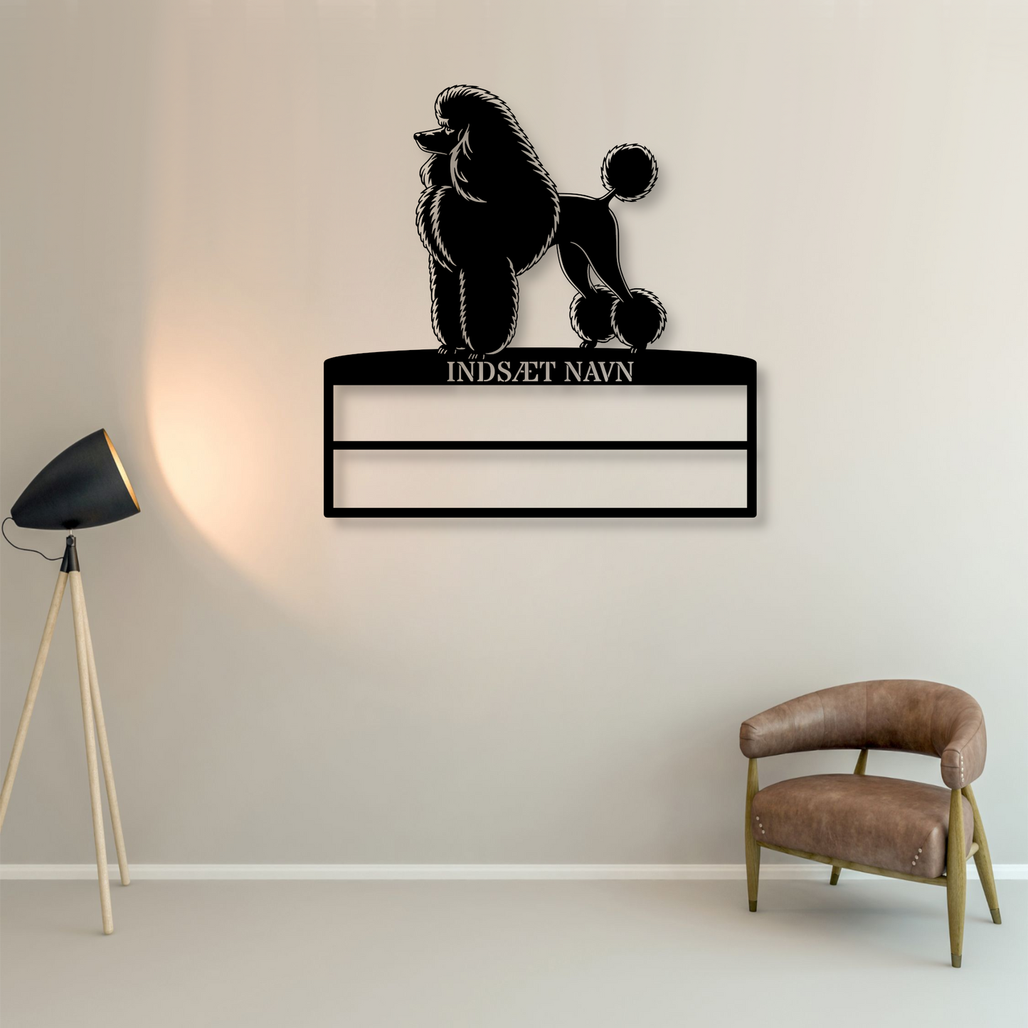 Puddelhund rosette display metalskilt med personlig navn. Unik Gaveide til hundeejeren....