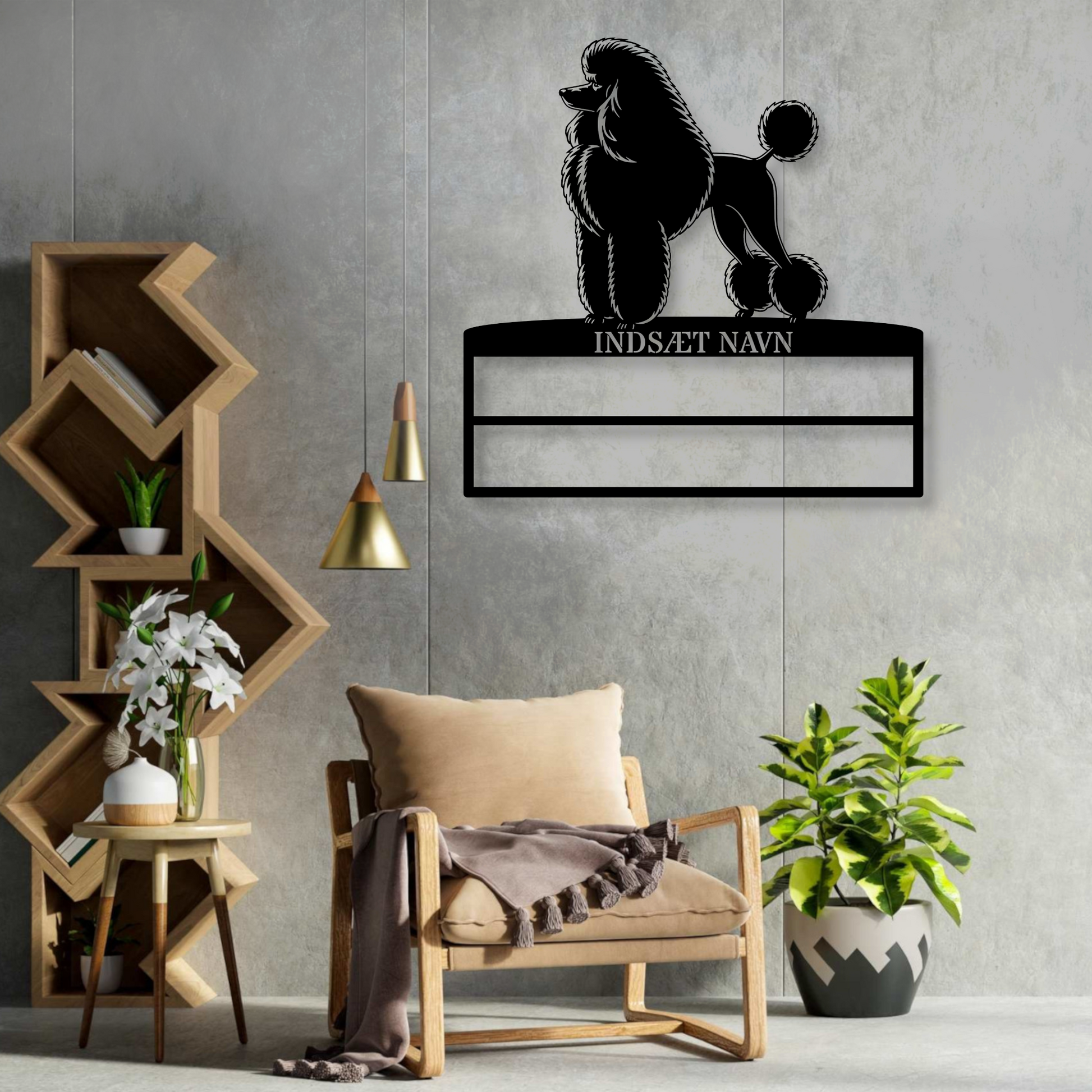 Puddelhund rosette display metalskilt med personlig navn. Unik Gaveide til hundeejeren...