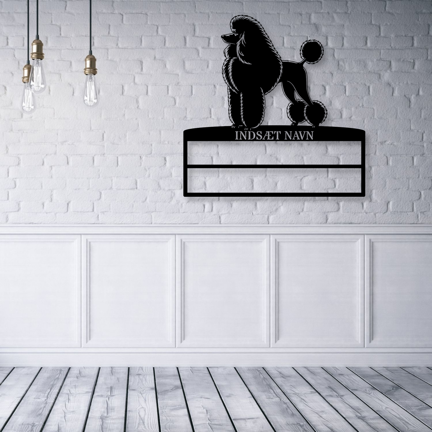 Puddelhund rosette display metalskilt med personlig navn. Unik Gaveide til hundeejeren.